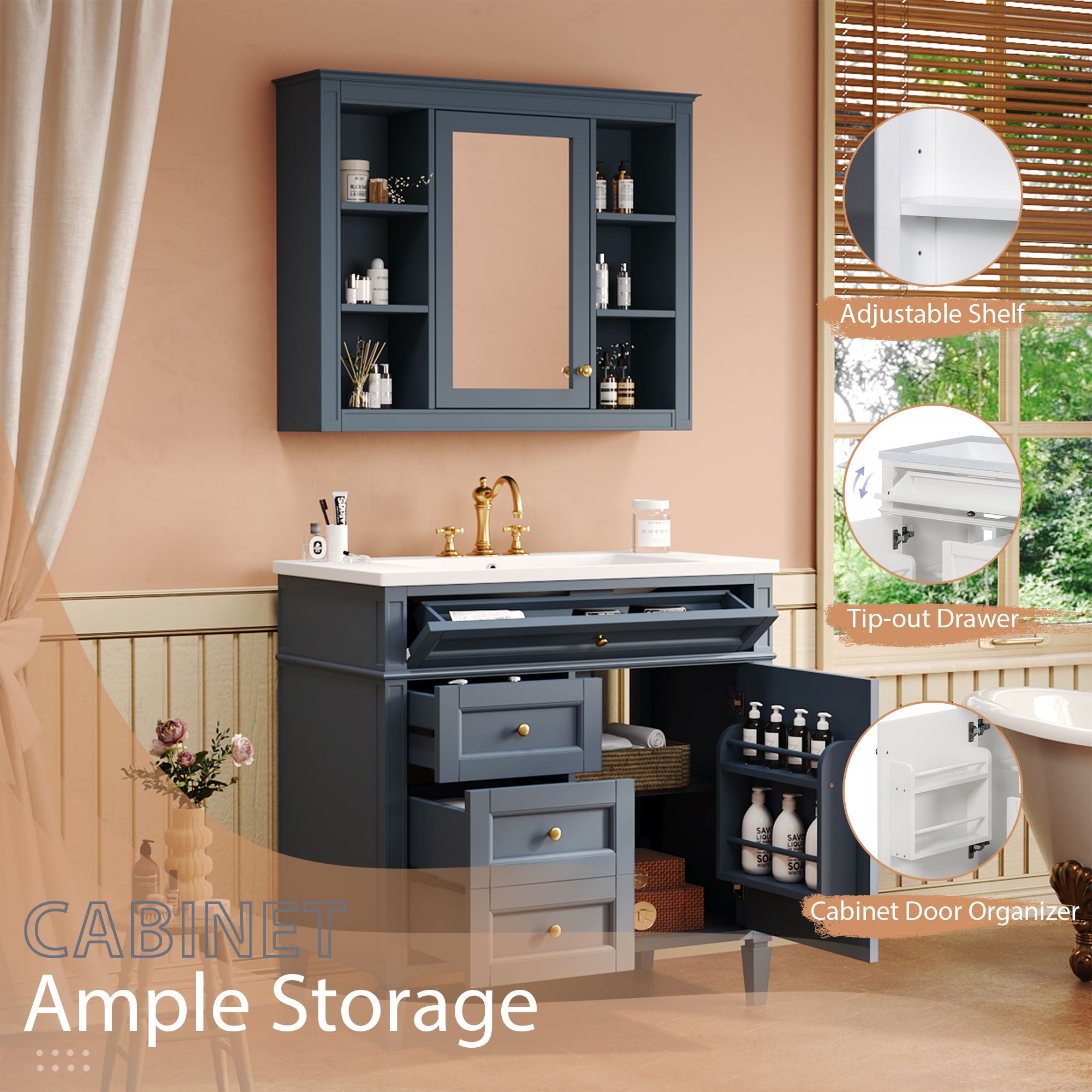 Bathroom Vanity With Mirror Cabinet, Storage Cabinet With 2 Soft Closing Doors And 4 Drawers, Undermount Sink