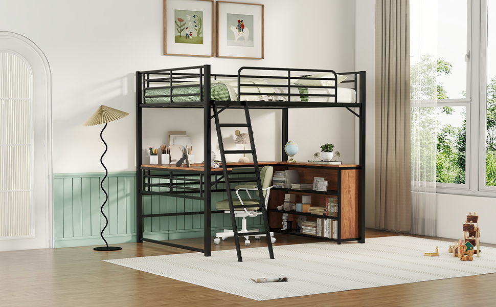Loft Bed & 3 Layers Of Shelves And L-Shaped Desk