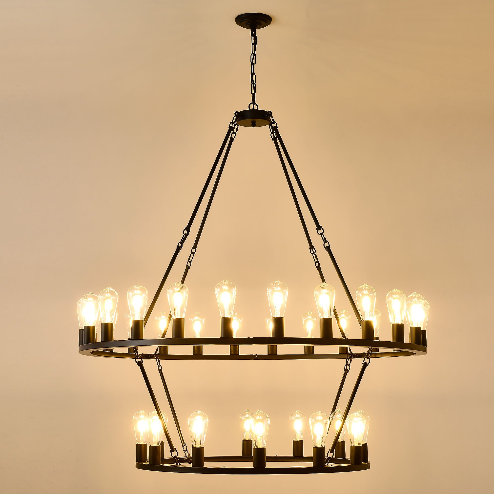 Extra Large Wagon Wheel Chandelier, 2 Tier 36 Lights (No Include) Farmhouse Industrial Round High Ceiling Pendant Light Adjustable Chain, For Dining Room, Living Room, Kitchen - Black