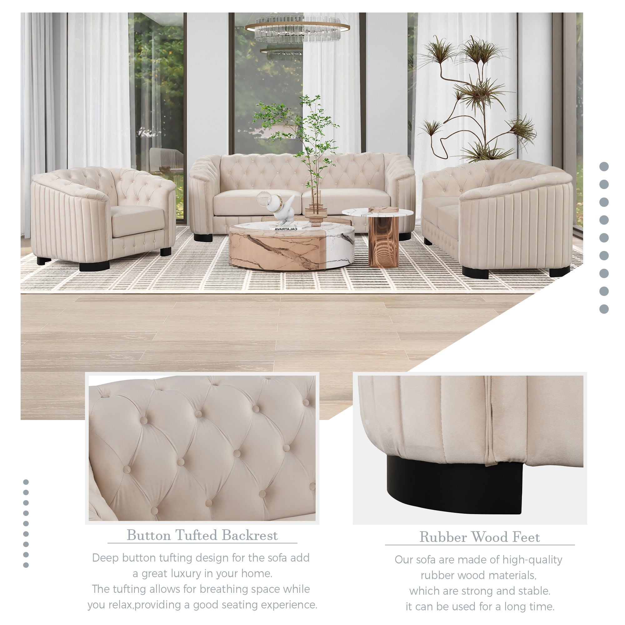 Upholstered 3 Piece Sofa Set With Legs