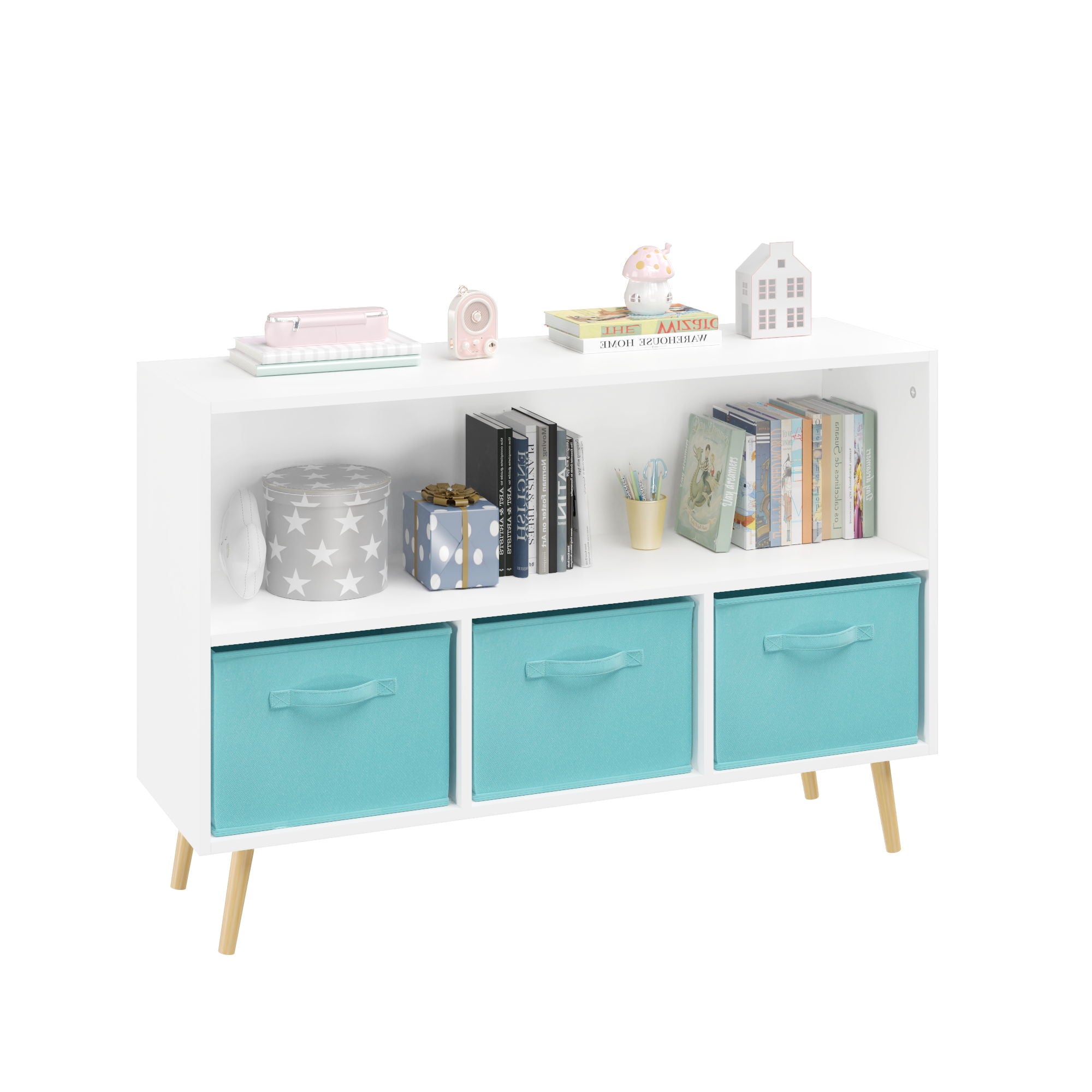 Bookcase With Collapsible Drawers, Book Display Storage Cabinet Organizer - White / Blue