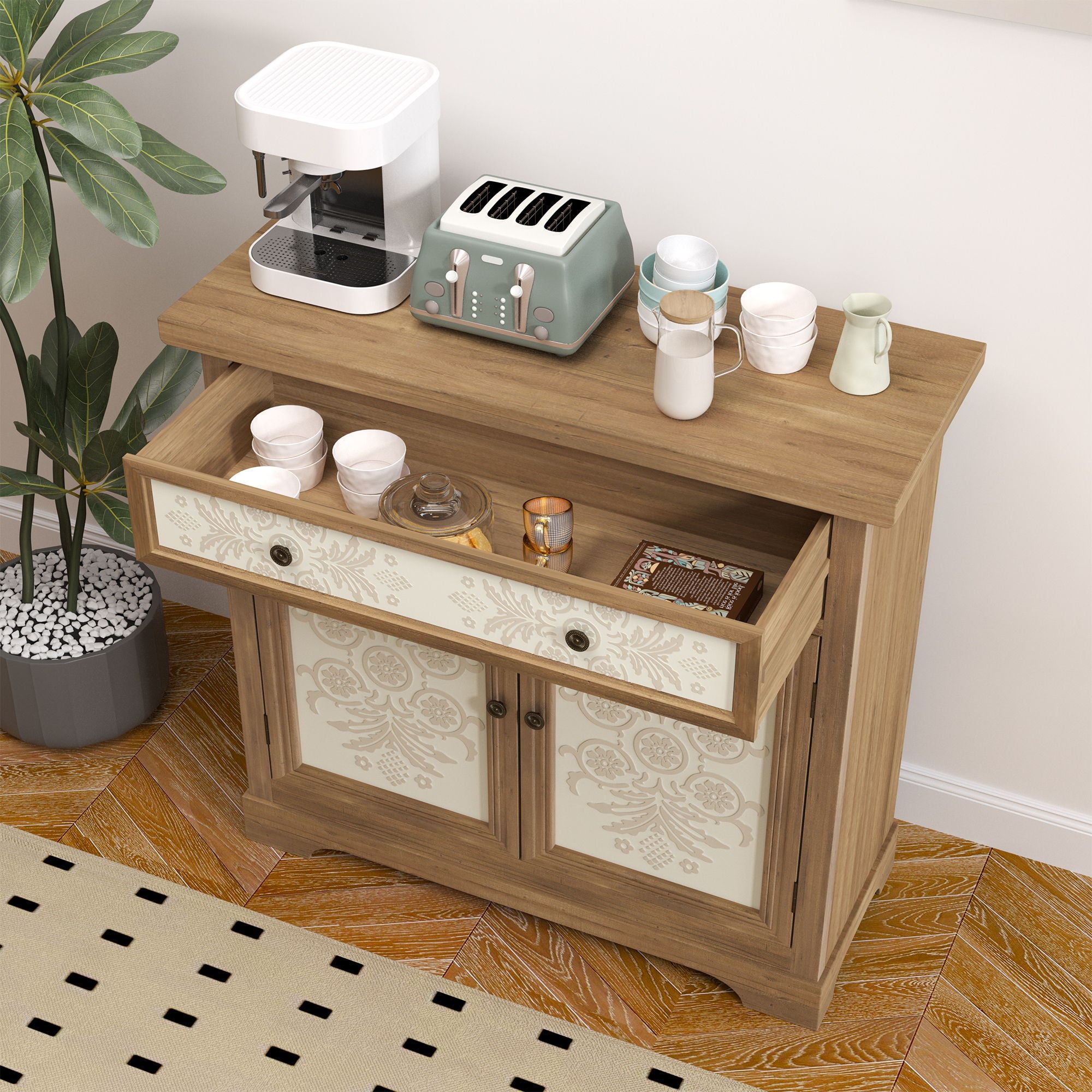 Accent Cabinet With Carved Floral Panels, Sideboard With Drawer And Double Doors - Antique Brown / White