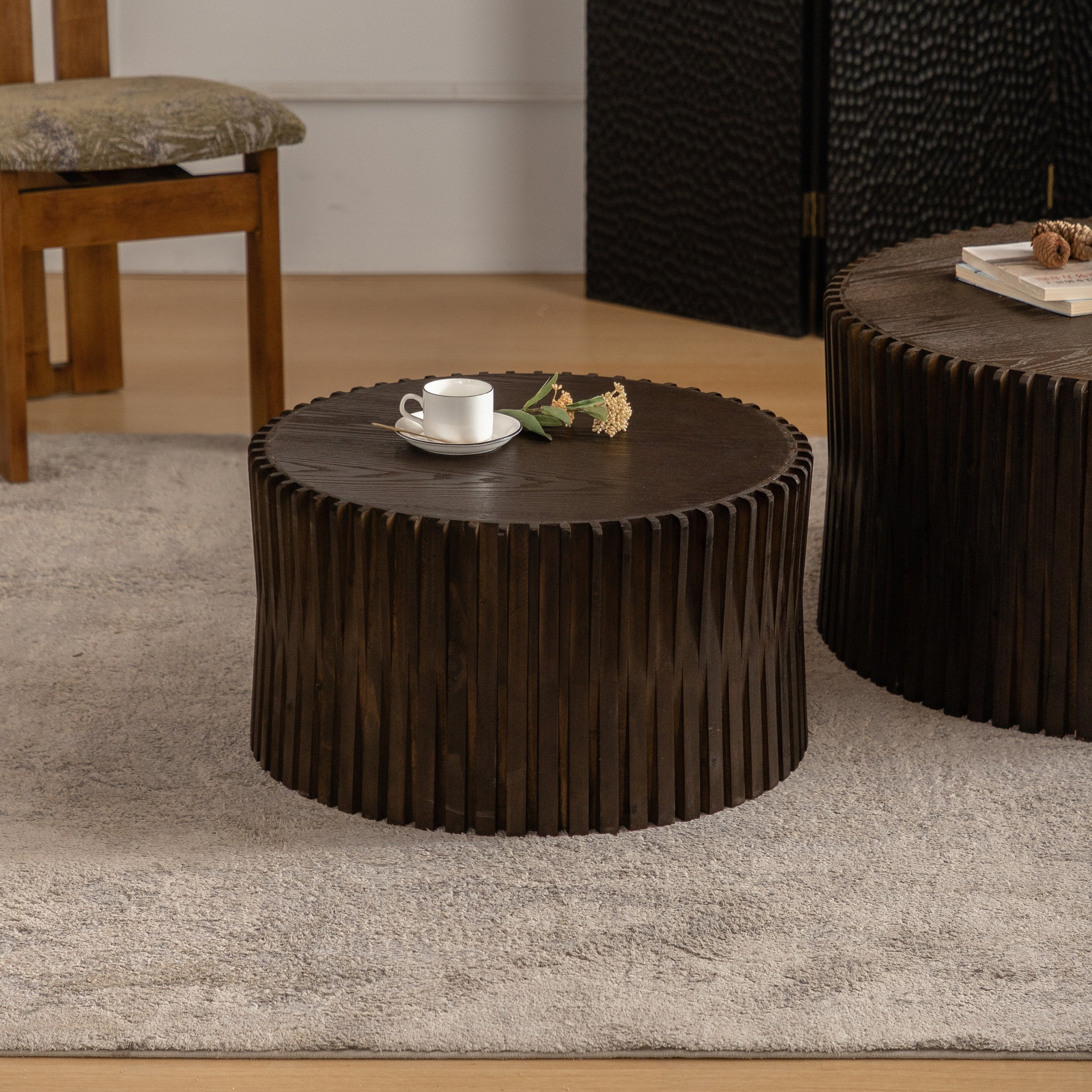 Vintage Style Cylindrical Nesting Coffee Table Set with Textured Embossed Design