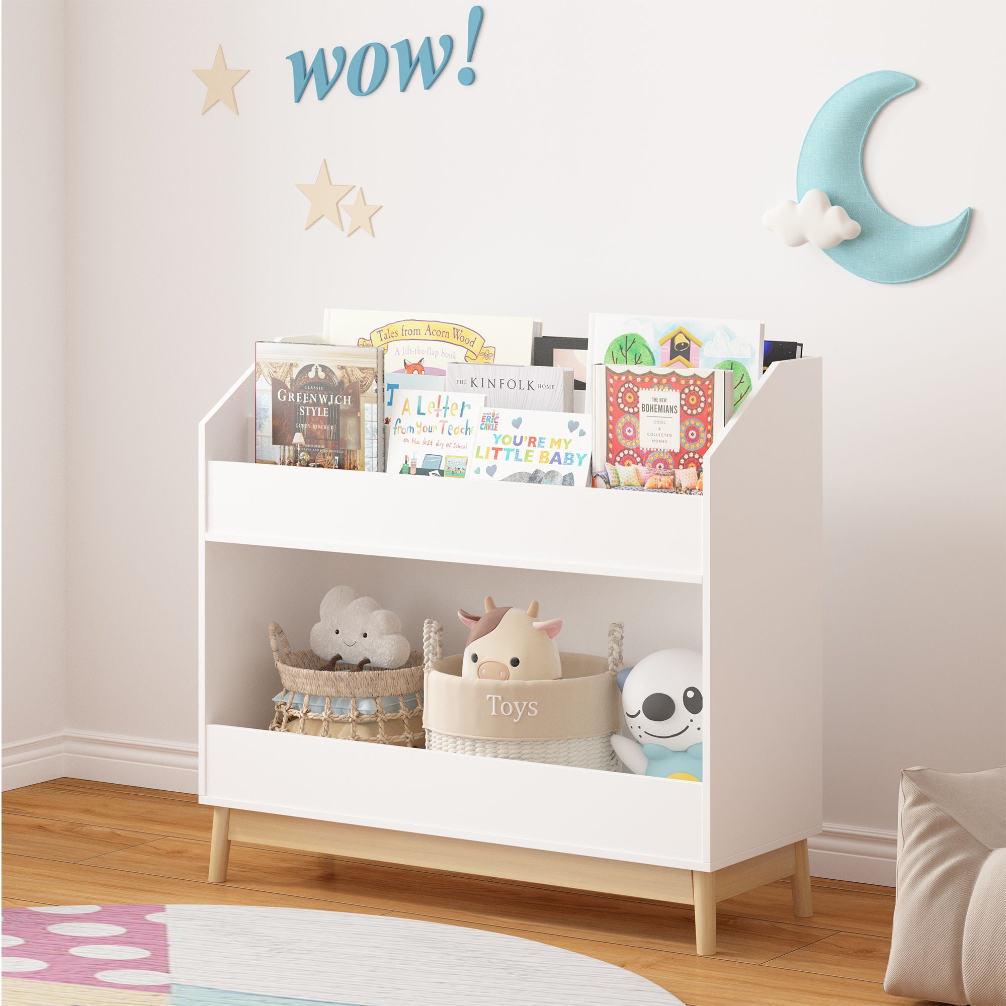 Bookcase Organizer With Storage, 3 Tier Toddler Book Display Shelf For Playroom - White