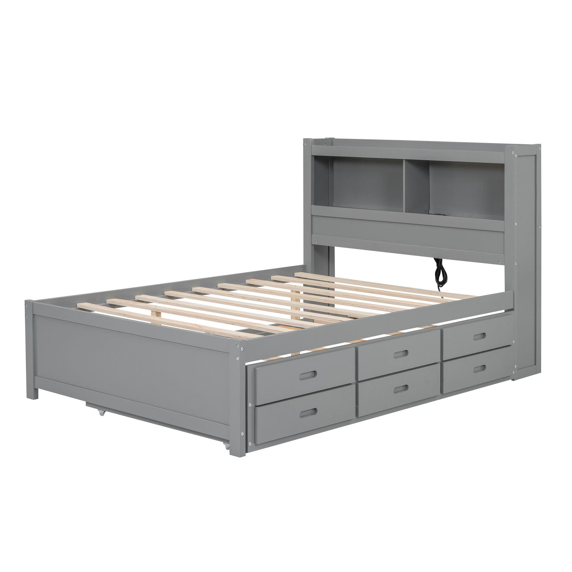 Full Size Platform Bed With Trundle, Drawers, USB Ports And Built In Shelves - Gray