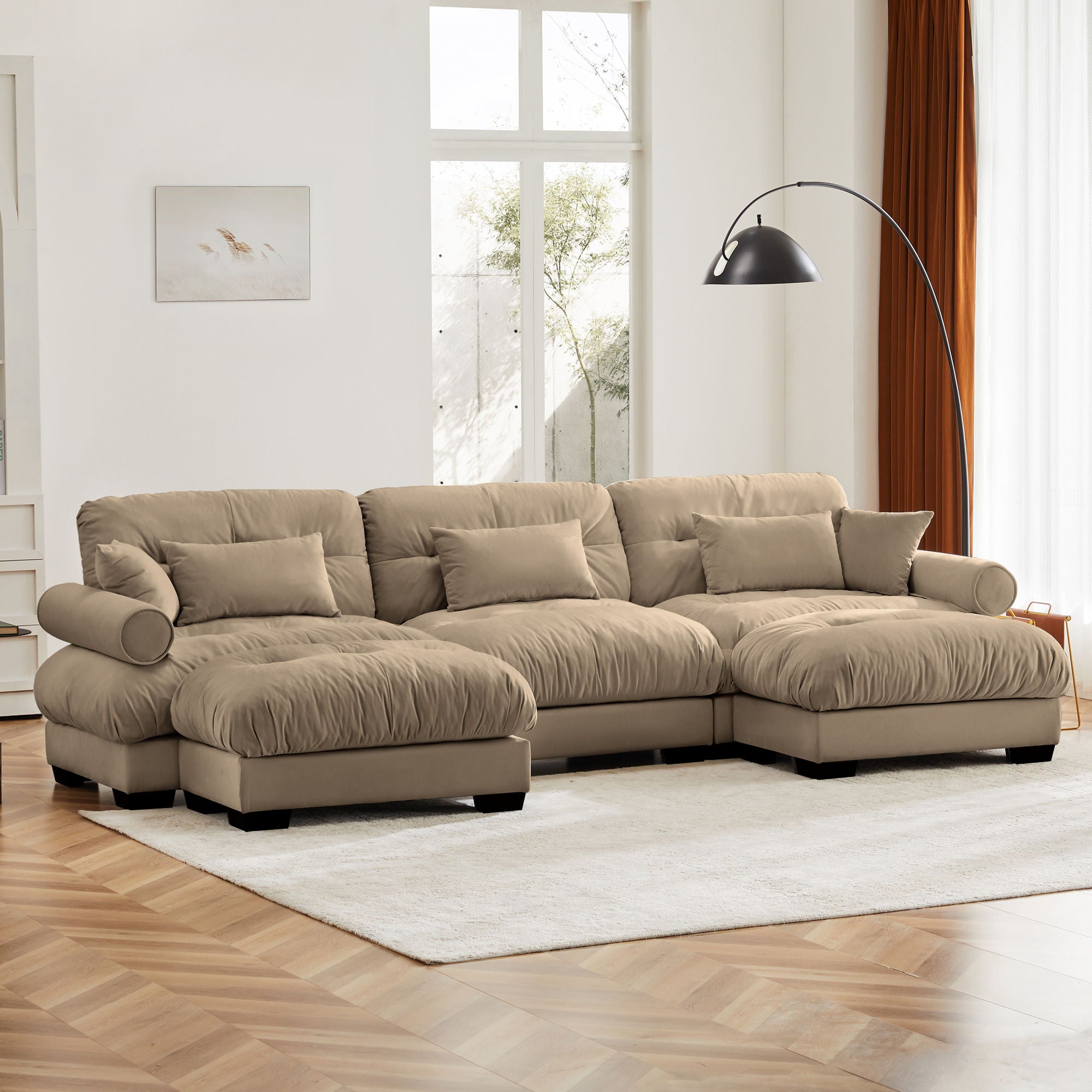 Modern Sectional Sofa With Ottoman, Round Bolster Armrests, Waist And Throw Pillows