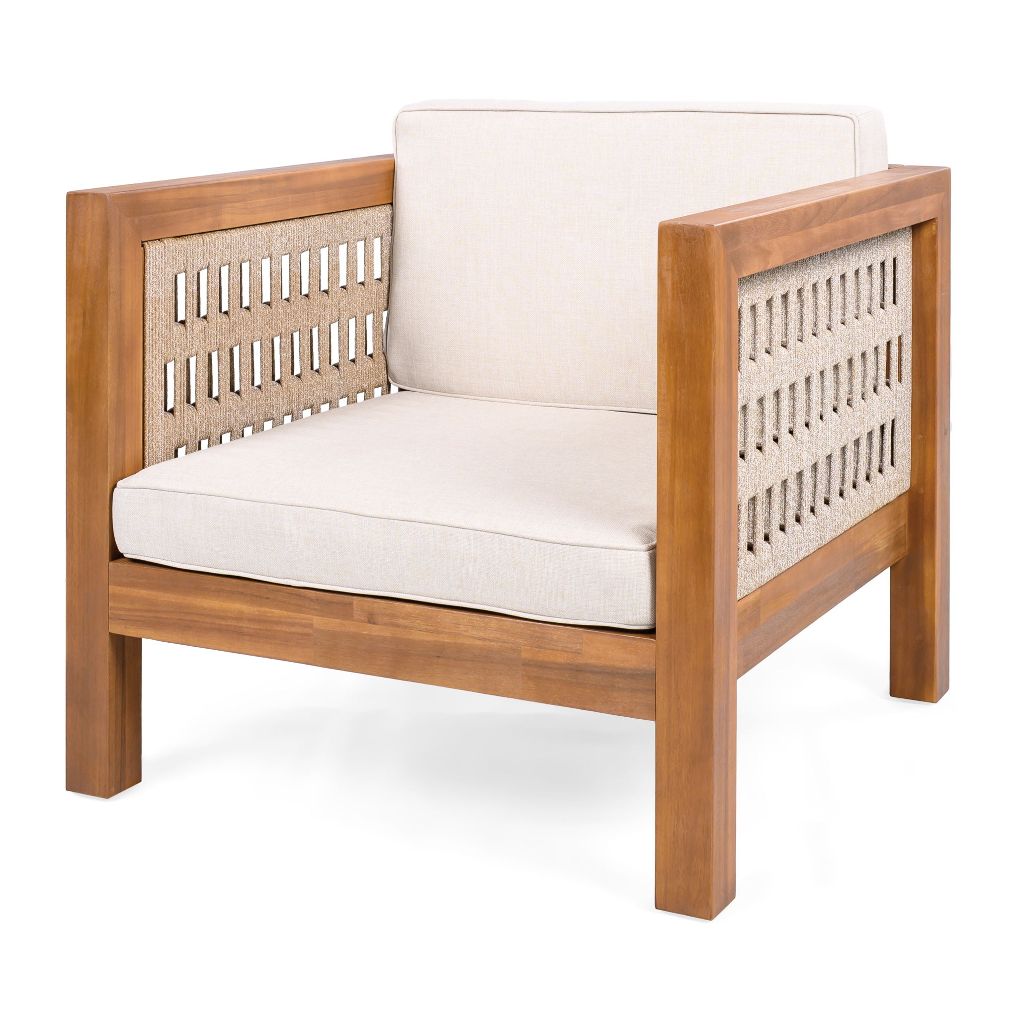 Outdoor Club Chair & Rope Arm And Cushions - Beige / Teak