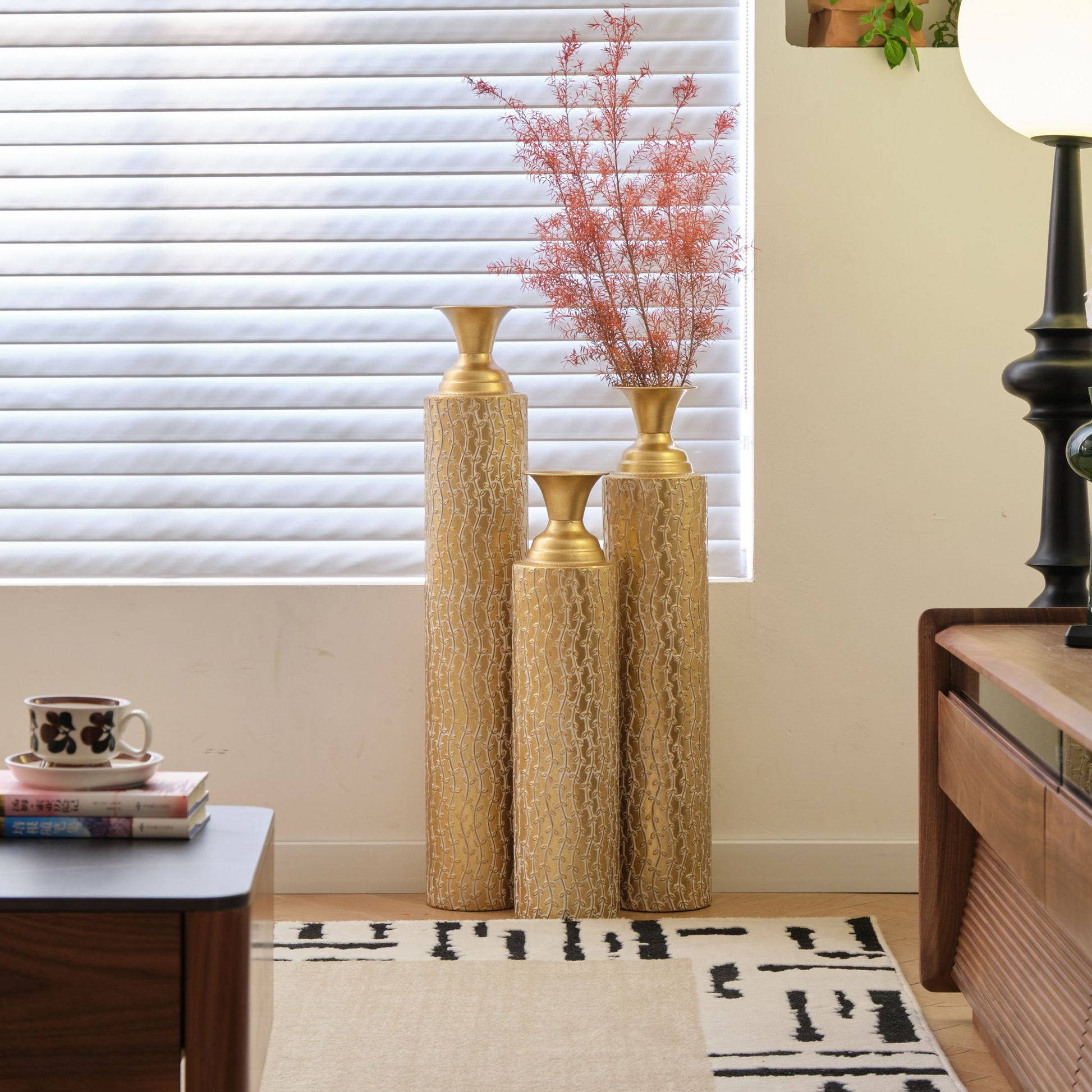 Metal Decorative Vases High Distress Metal Center Vases With Growing Vine Patterns, (Set of 3) Vases For Home Decoration - Gold - Best Buy Furniture