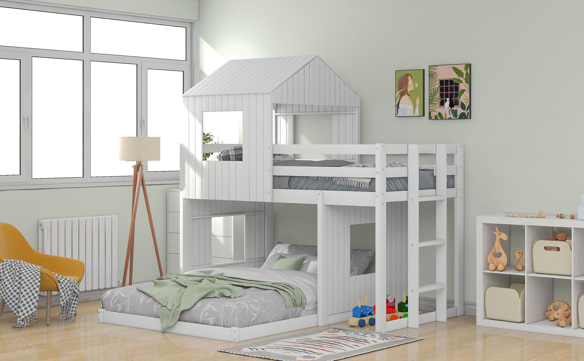 Twin Over Full Bunk Bed, With Playhouse, Farmhouse, Ladder And Guardrails - White