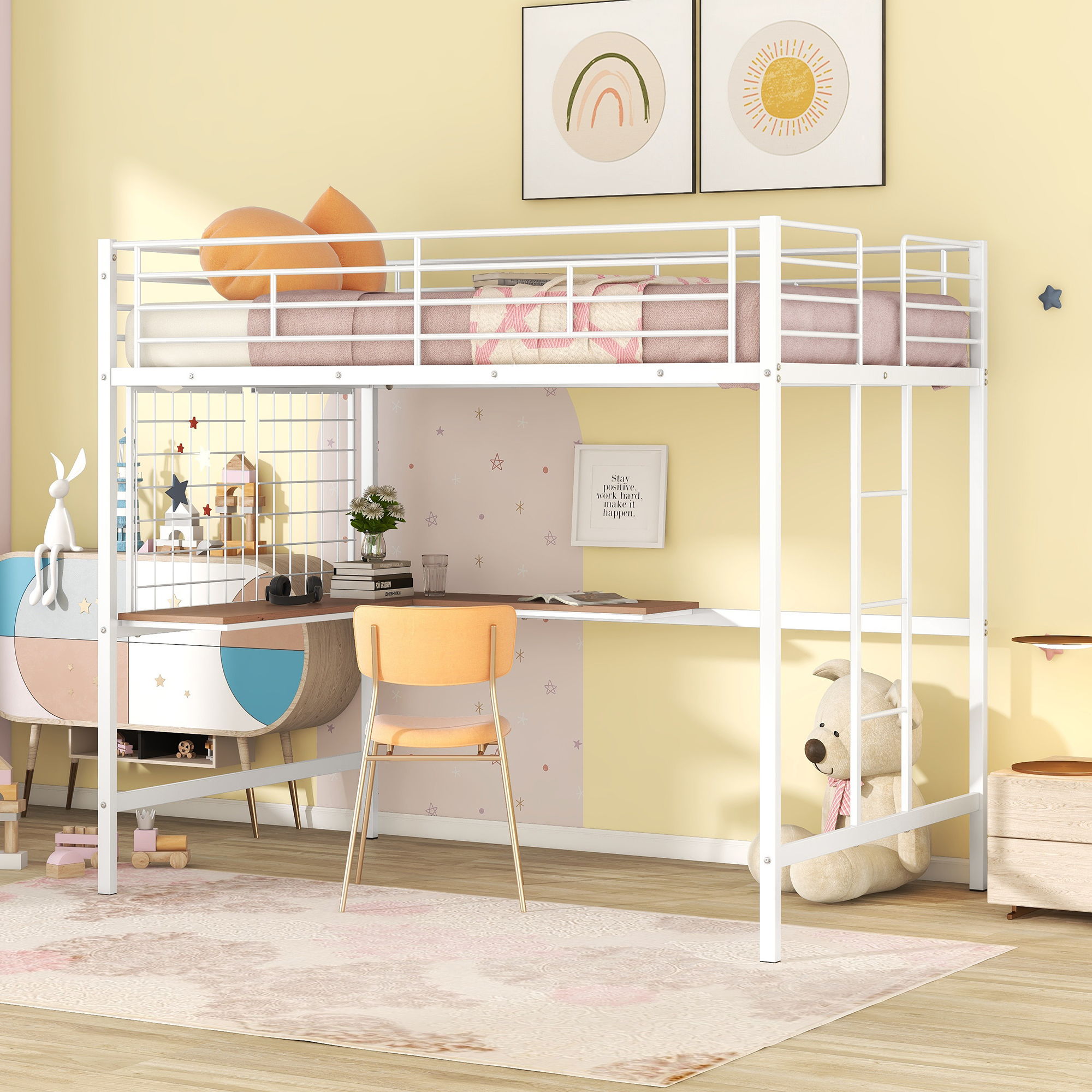 Full Loft Bed With Desk And Grid - White