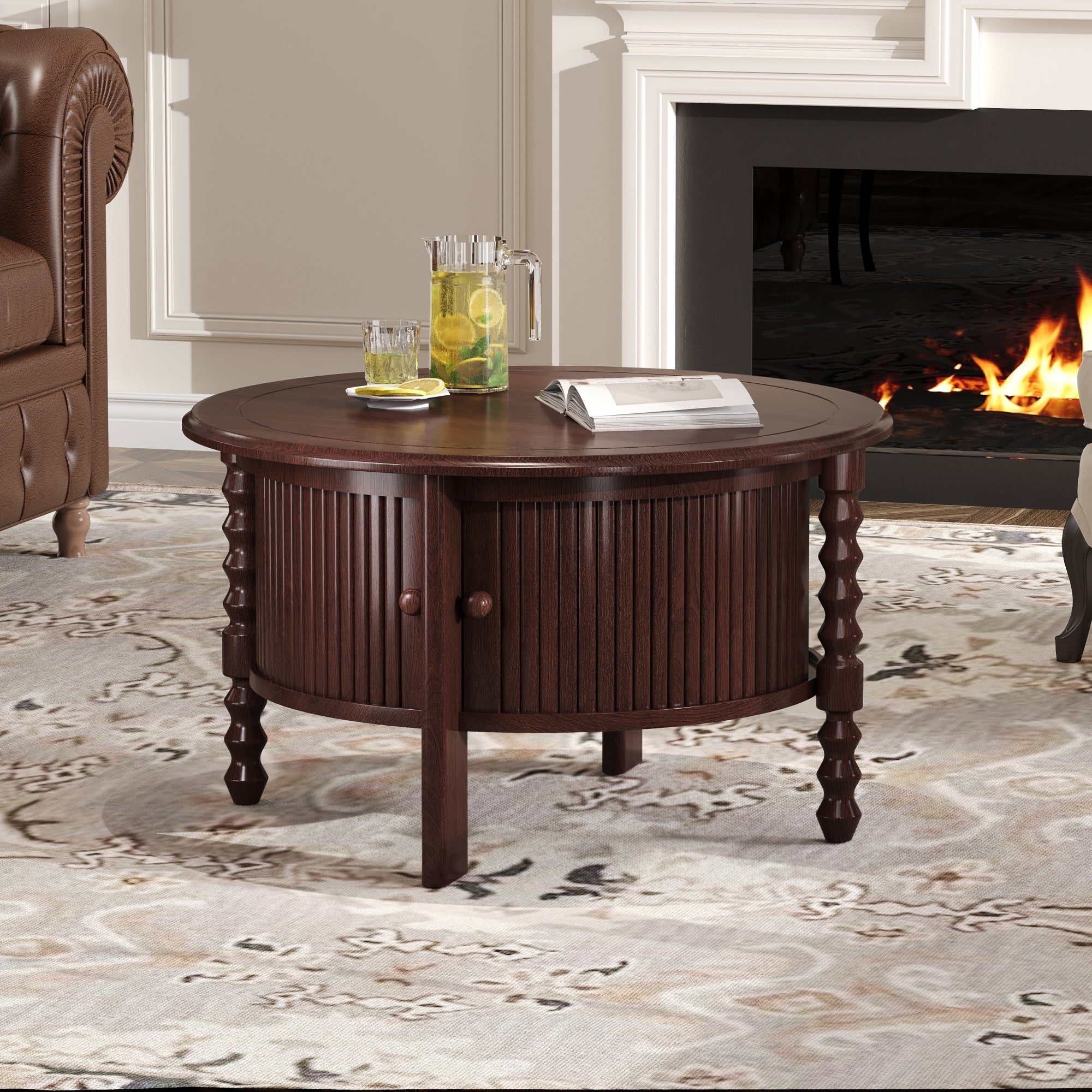 Vintage Round Coffee Table with Storage in Walnut
