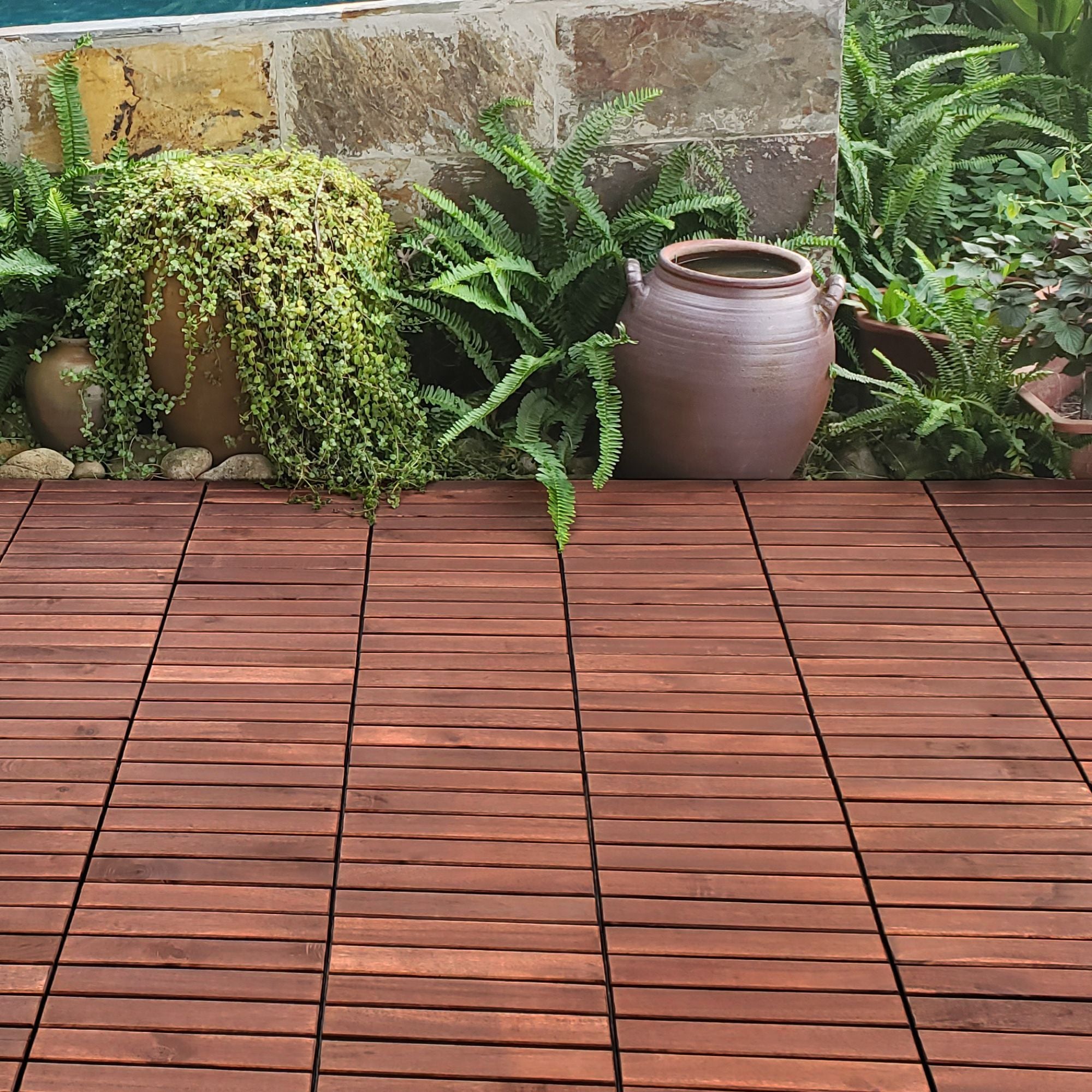 Interlocking Deck Tiles Striped Pattern, Waterproof Anti Mildew Brown