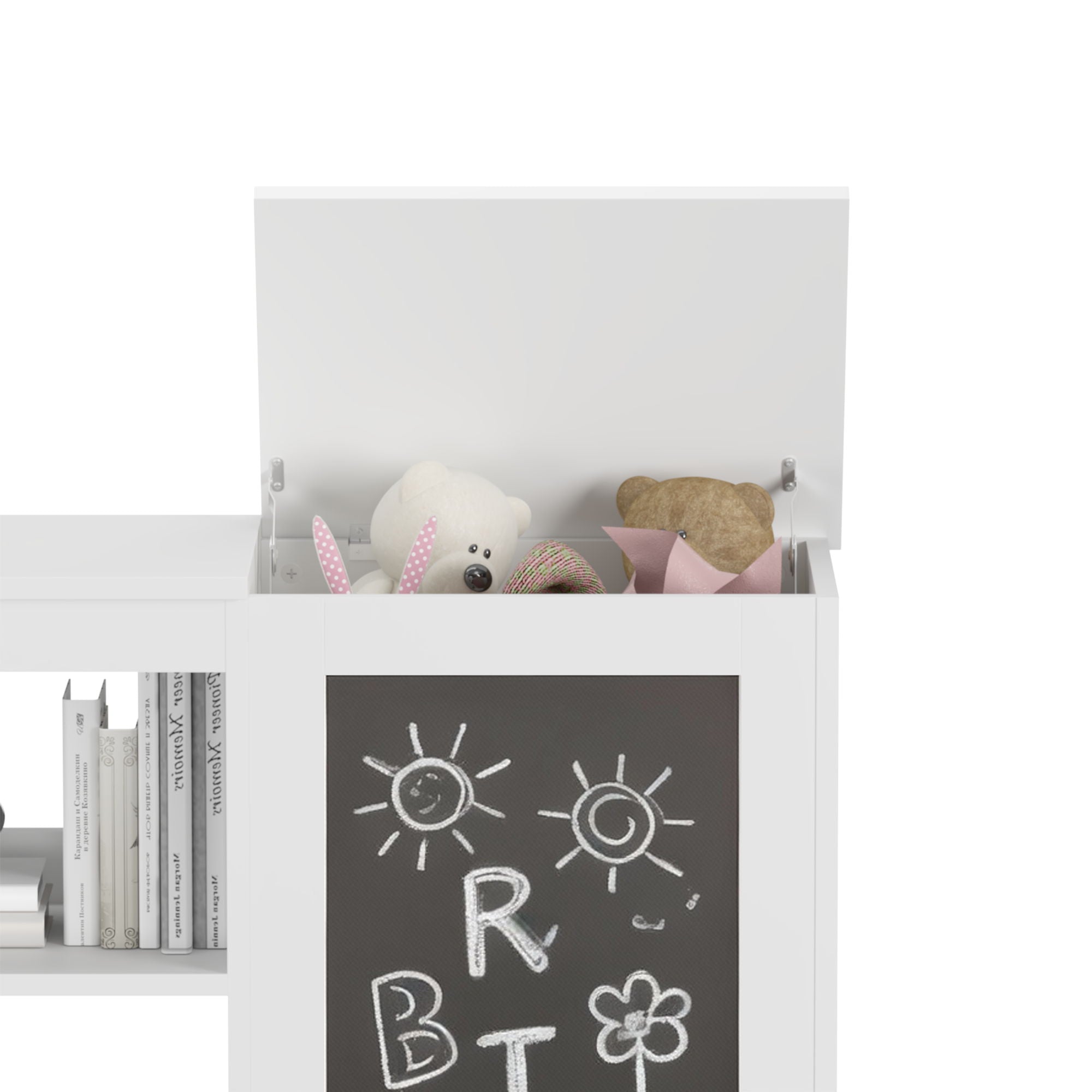 3 In 1 Bookshelf And Toy Storage Cabinet With Chalkboard, Organizer For Playroom Featuring And Spacious Storage - White