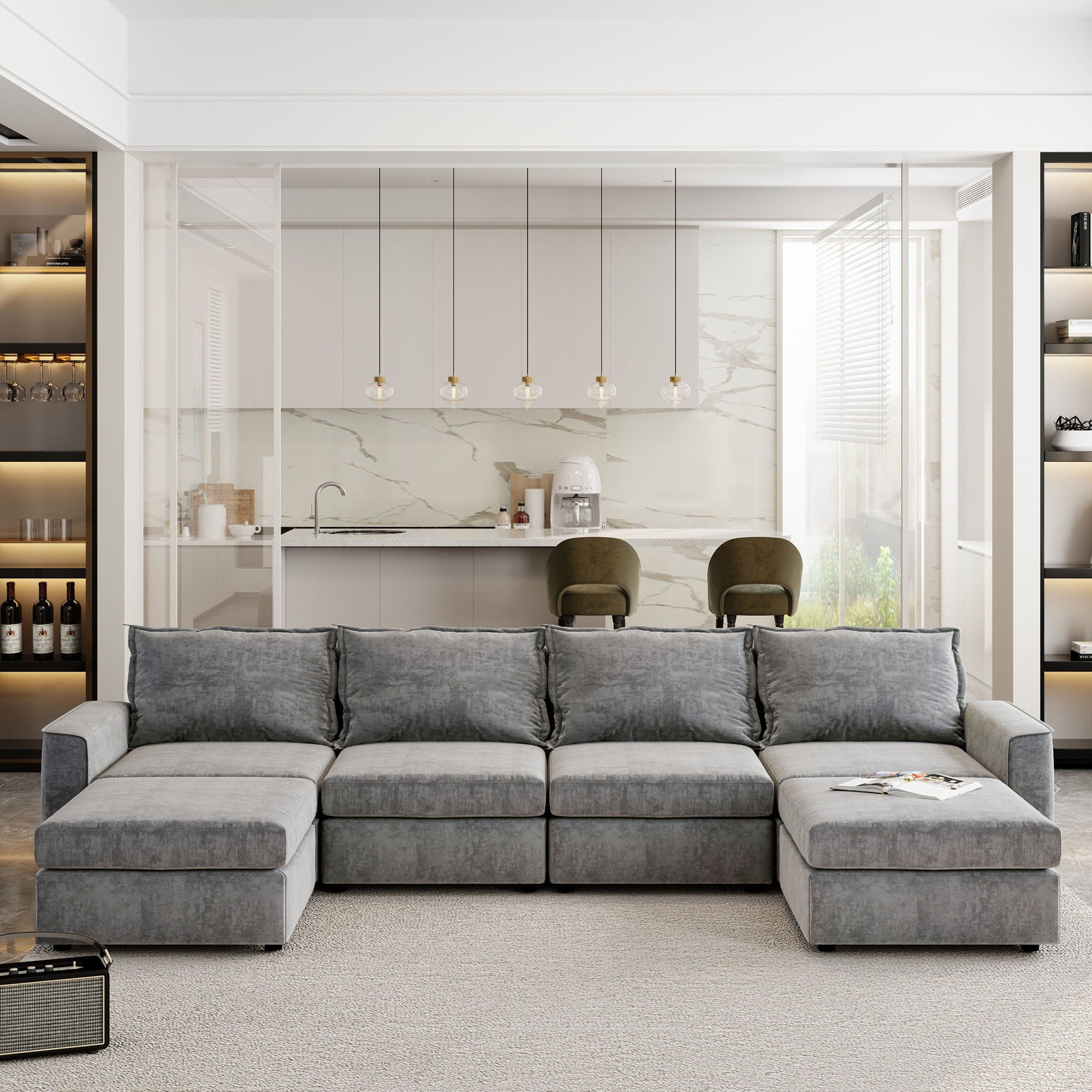 Chenille Modular Sectional Sofa, U Shaped Reversible Couch, Free Combination, 6 Seat Sleeper Sofa Bed With Ottoman, Convertible Oversized Indoor Furniture - Gray