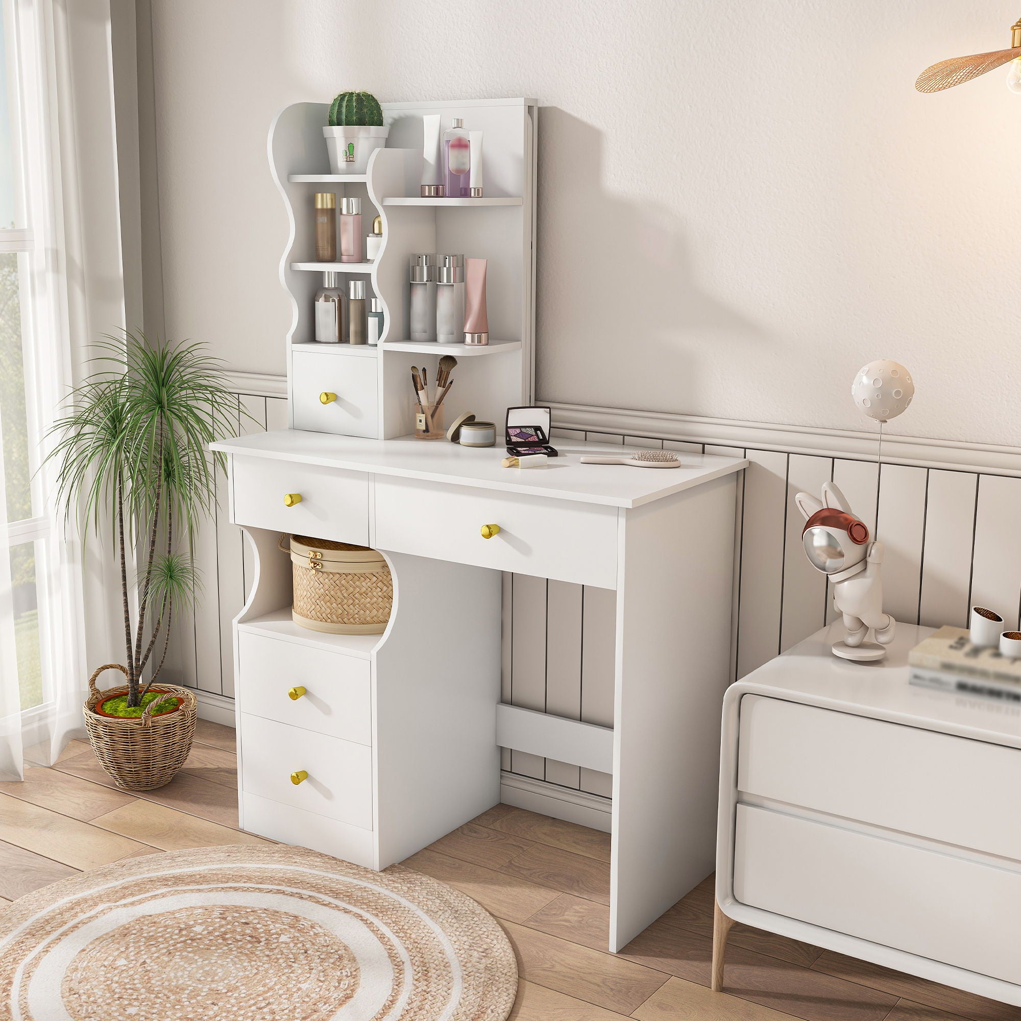 Dressing Table With Movable Mirror And LED Light, 5 Drawer Storage Organizer - White