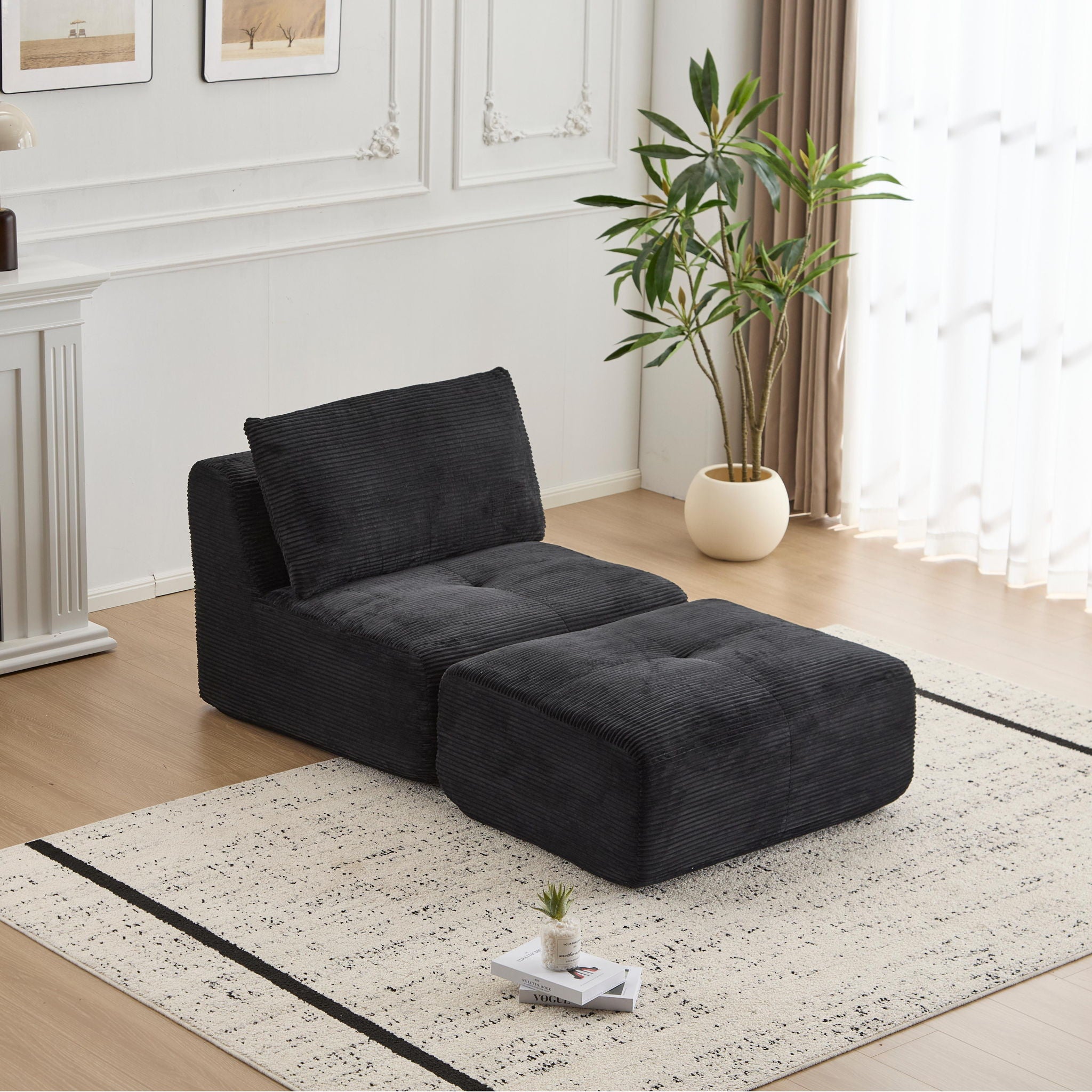 Compressed Sofa, Single Chaise Longue, Movable Ottoman For Living Room - Black