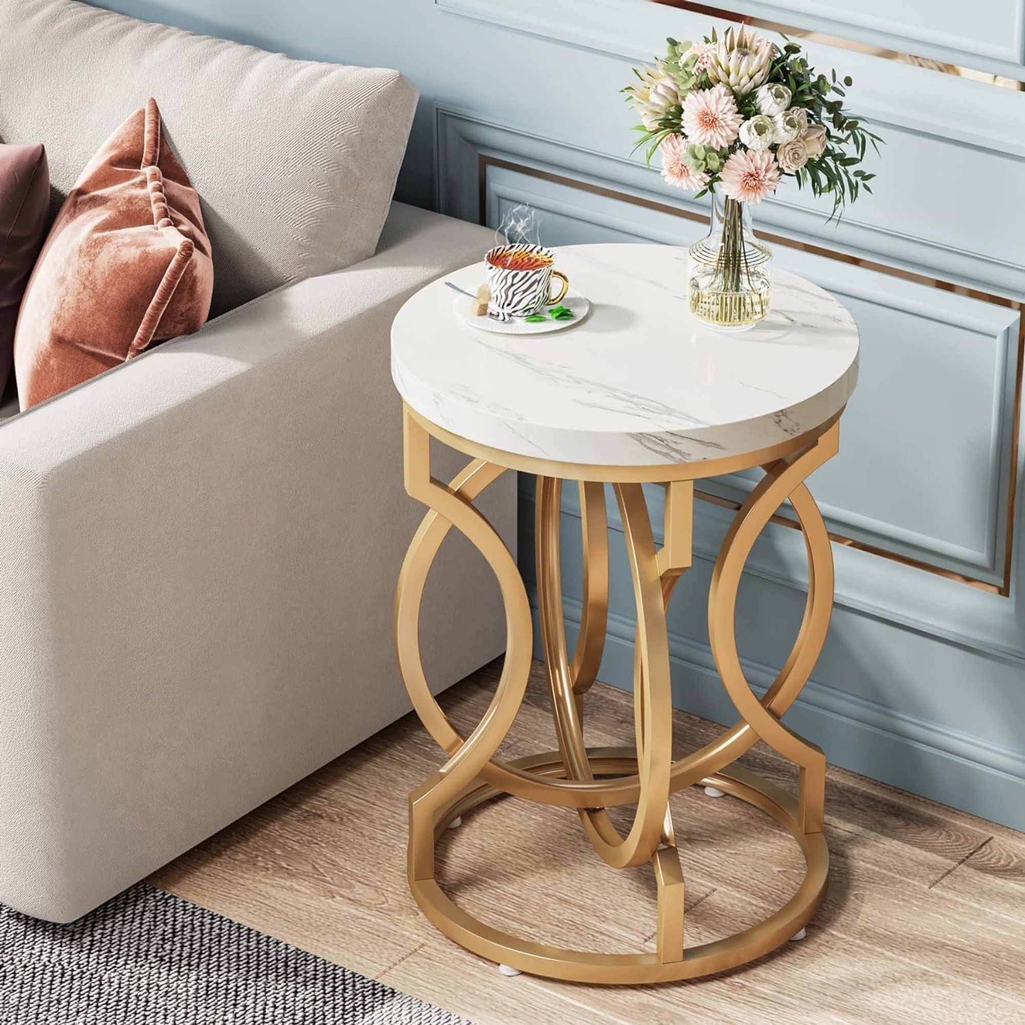 Round End Table With O-Shaped Base - White / Gold