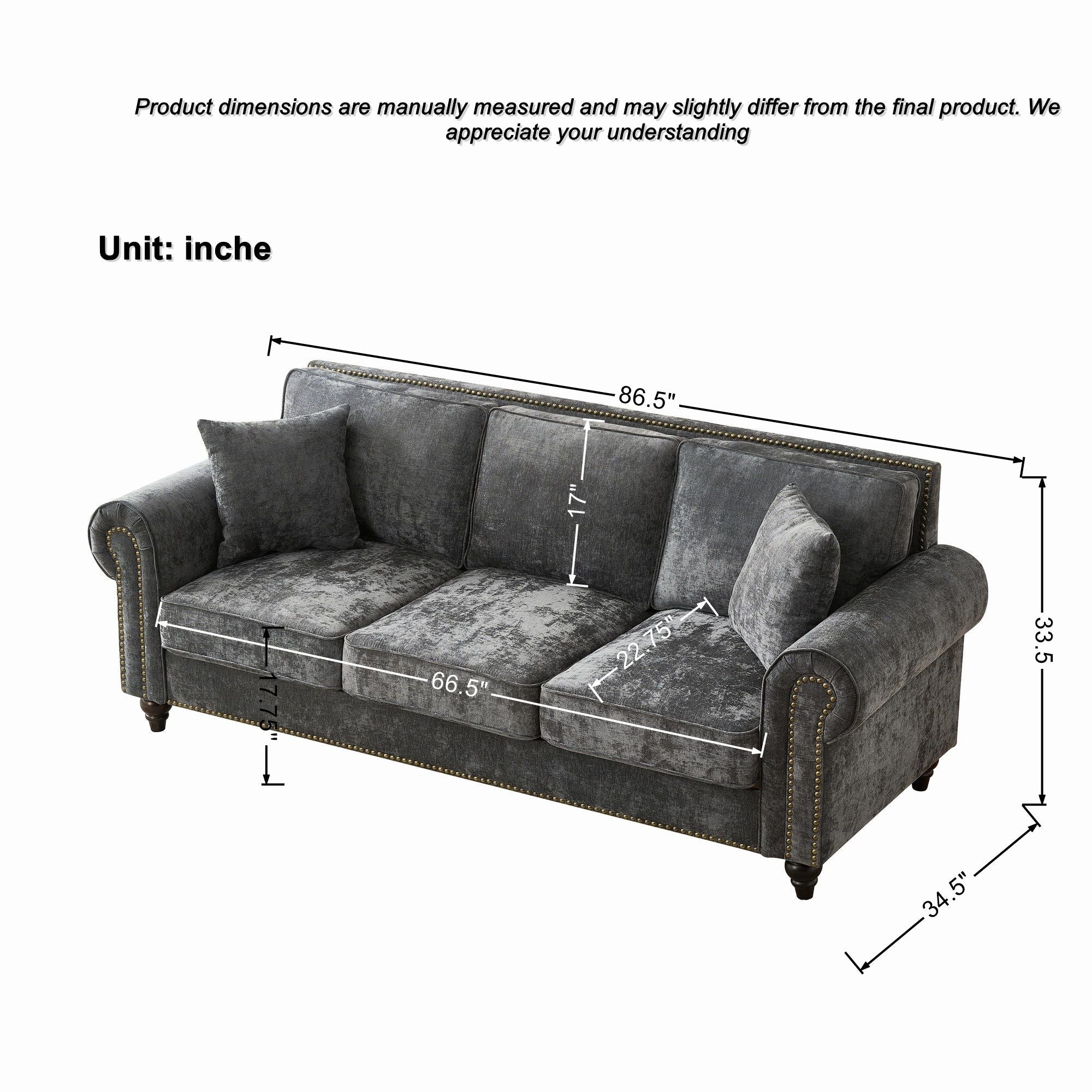 Modern 3 And 2 Seater Sofa With Rolled Arms, Tufted Upholstered Couch