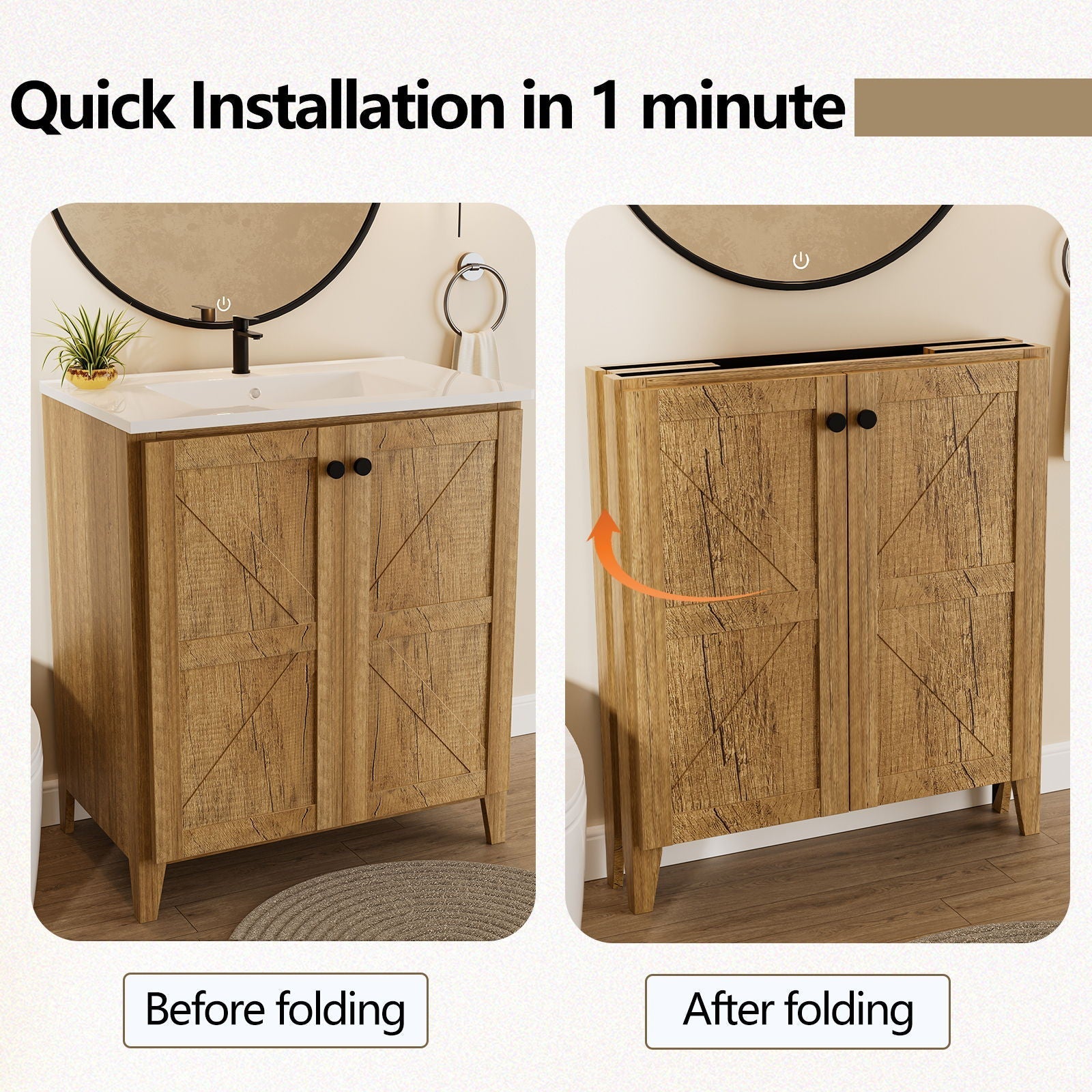 Folding Floor Cabinet With Ceramic Sink, Space Saving