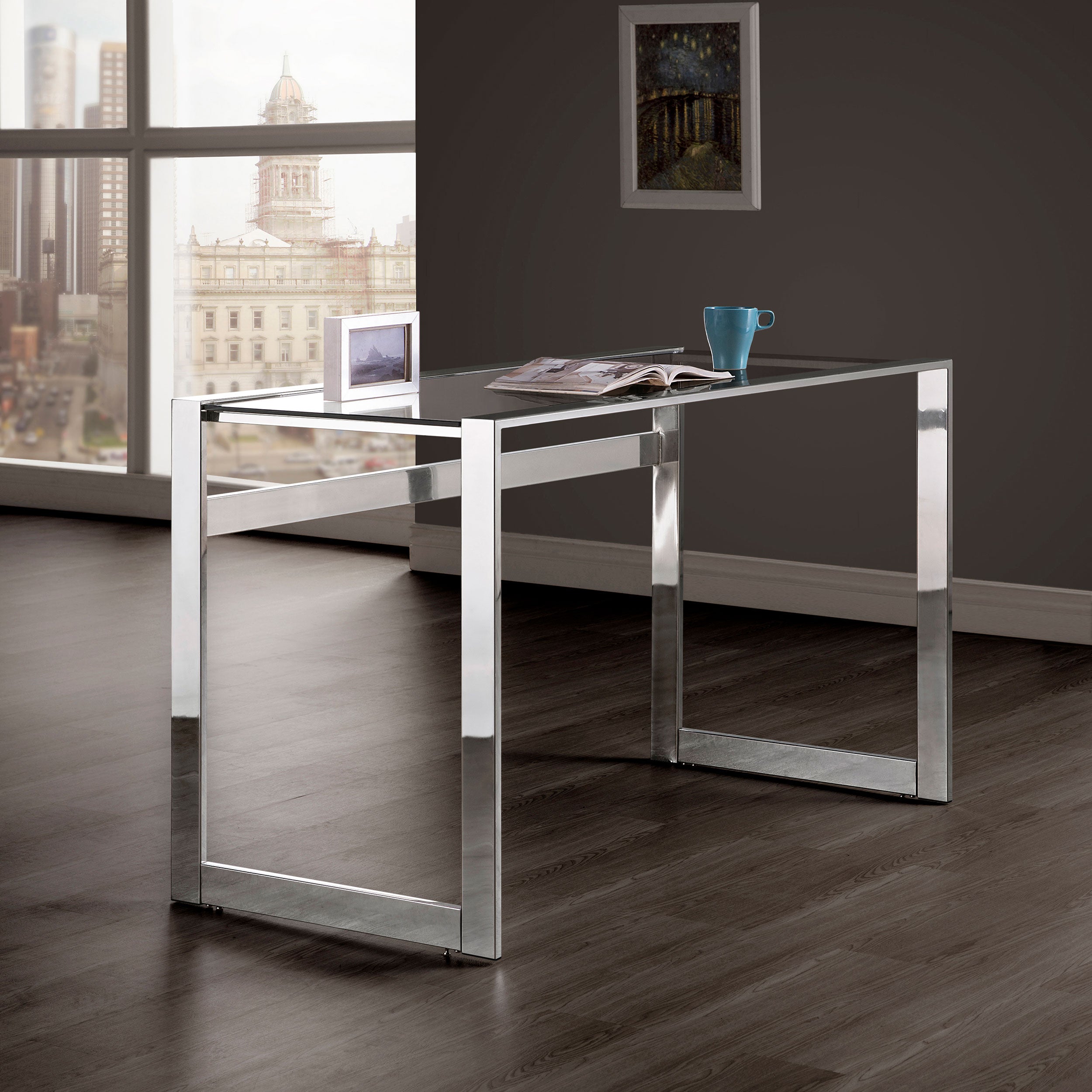 Hartford 47-inch Glass Top Writing Desk Chrome-CoasterEssence