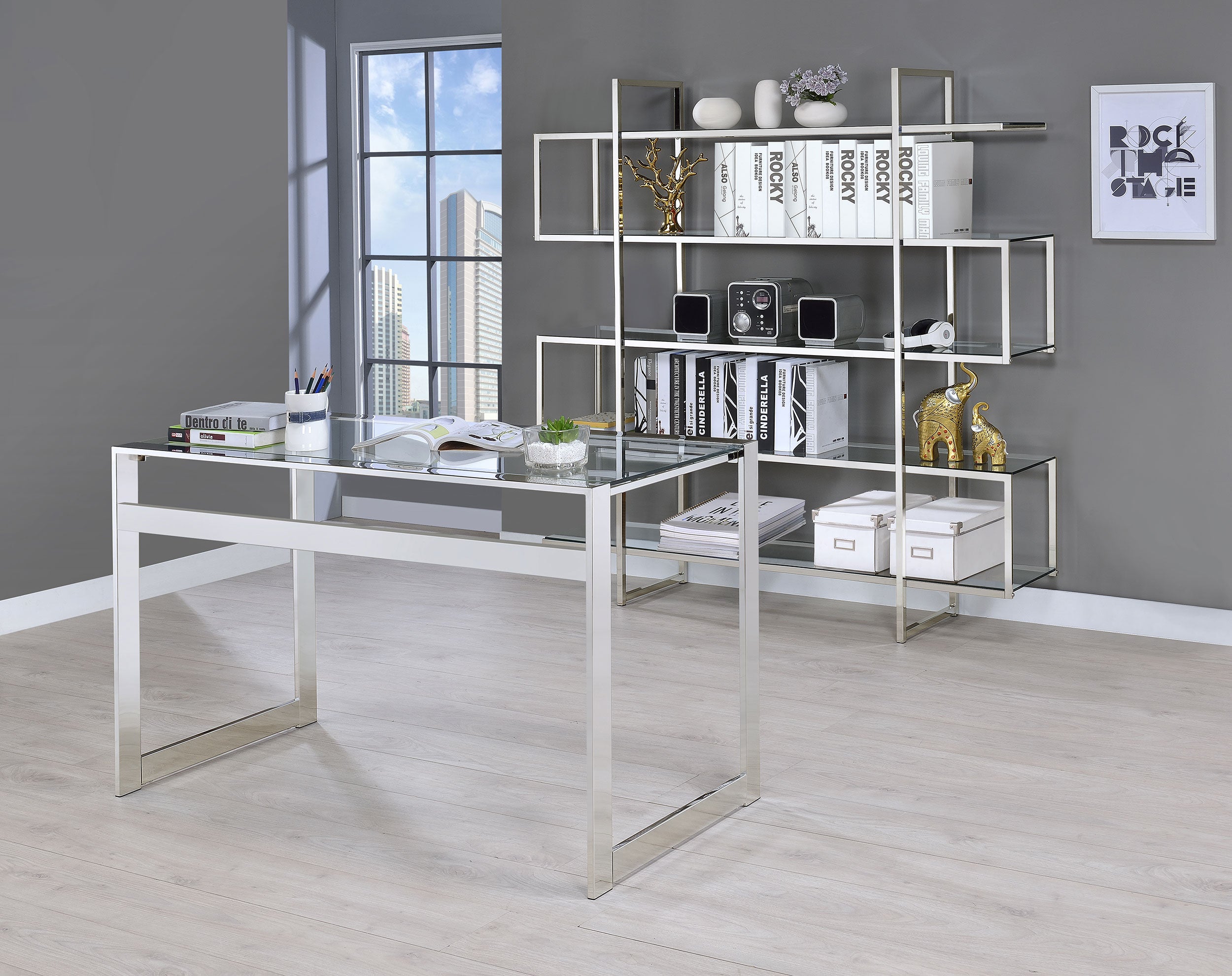 Hartford 47-inch Glass Top Writing Desk Chrome-CoasterEssence