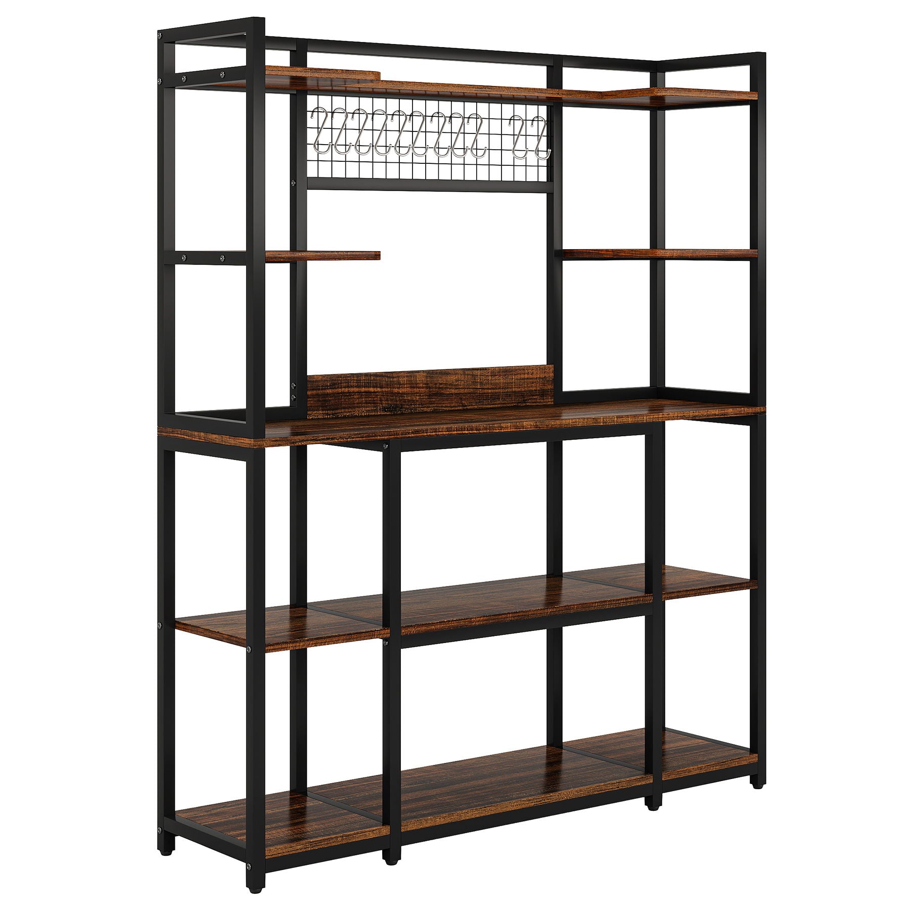 Baker's Rack With Hutch, 5 Tier Kitchen Storage Shelf, Freestanding Utility Pantry Organizer With Hooks And Microwave Stand - Black