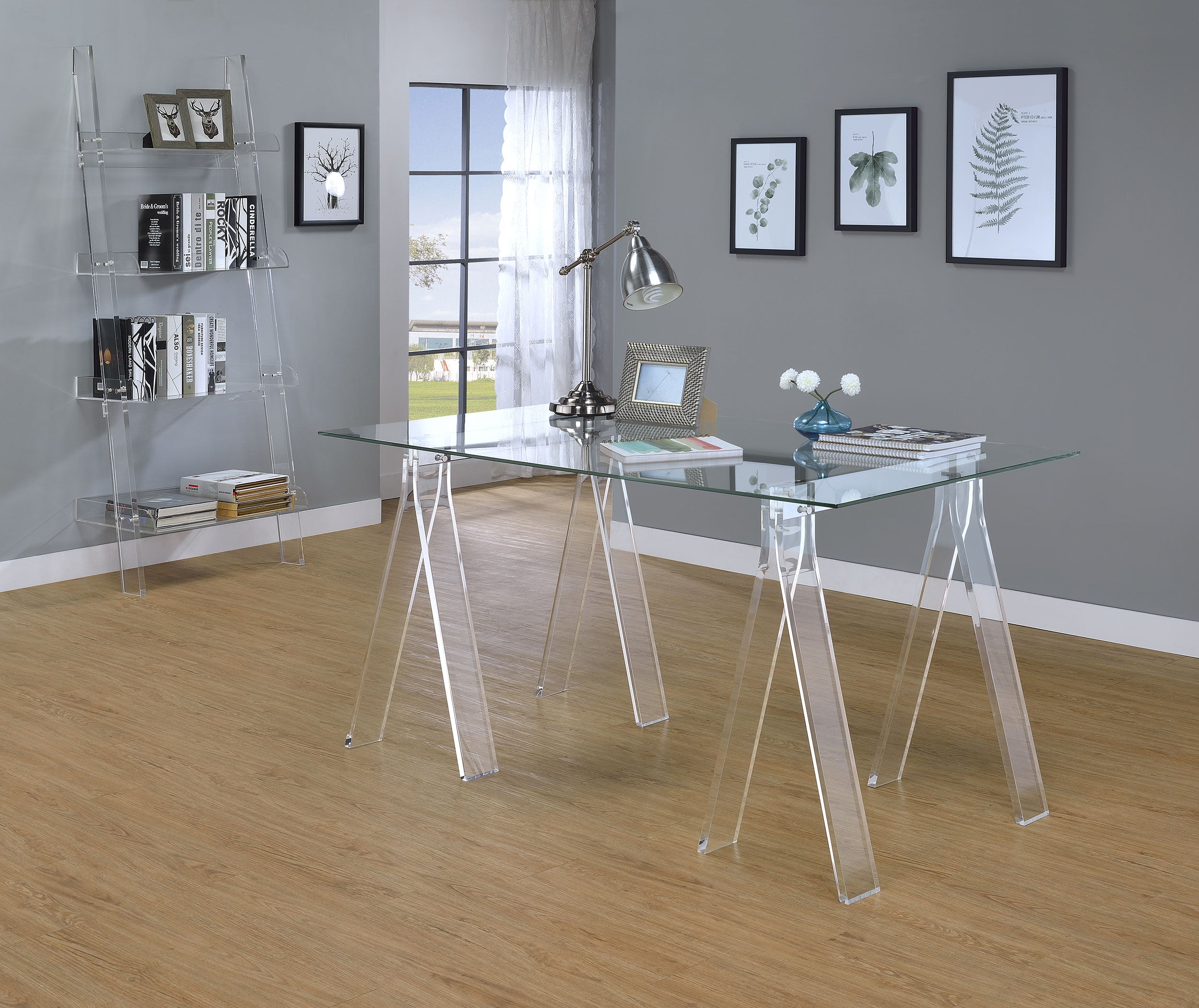 Amaturo 59-inch Glass Top Acrylic Writing Desk Clear-CoasterEssence