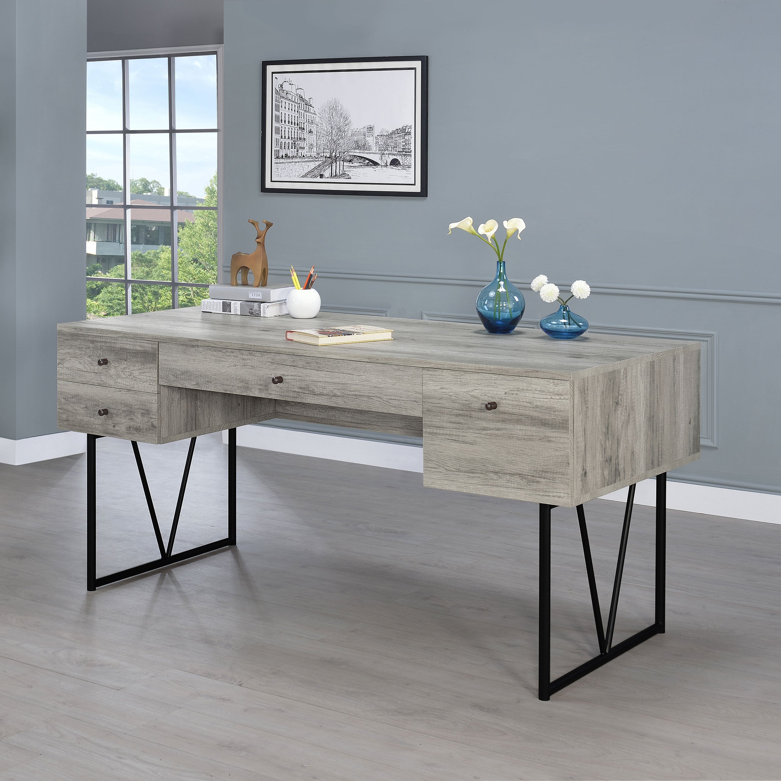 Analiese 63-inch 4-drawer Writing Desk Grey Driftwood-CoasterEveryday