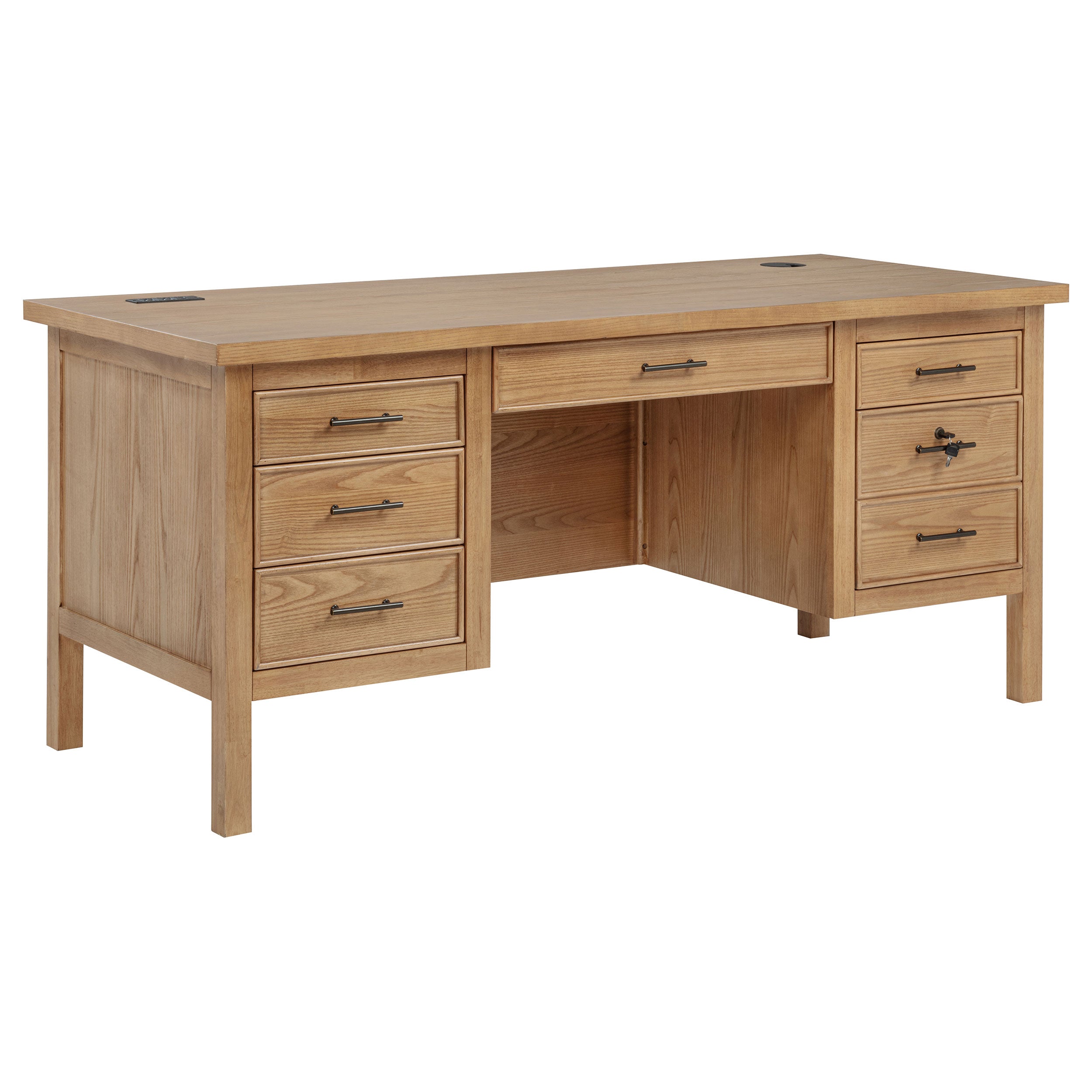 Vermes 66-inch 7-drawer Computer Desk with Power Outlet Light Ash-