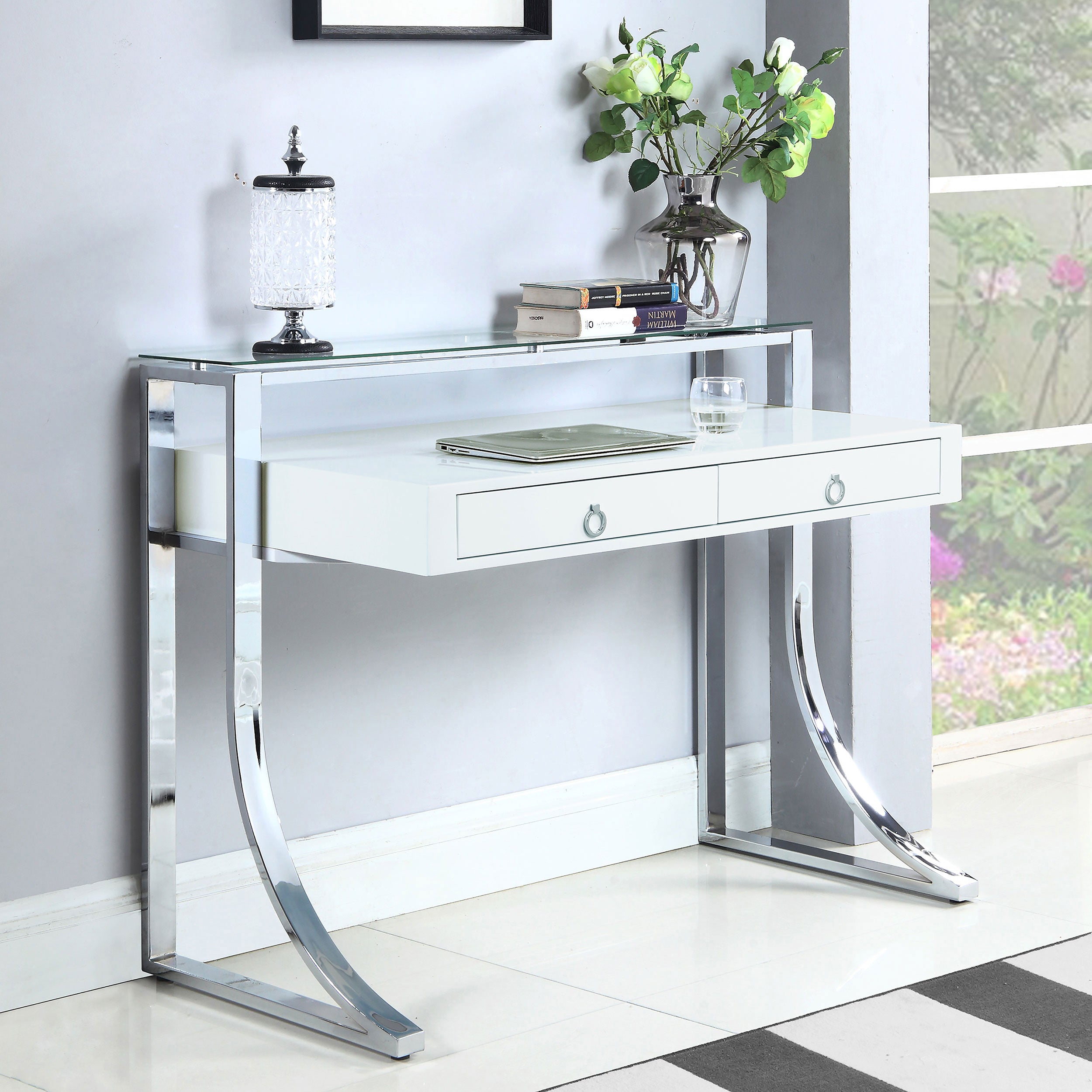 Gemma 48-inch 2-drawer Writing Desk White High Gloss-CoasterEssence