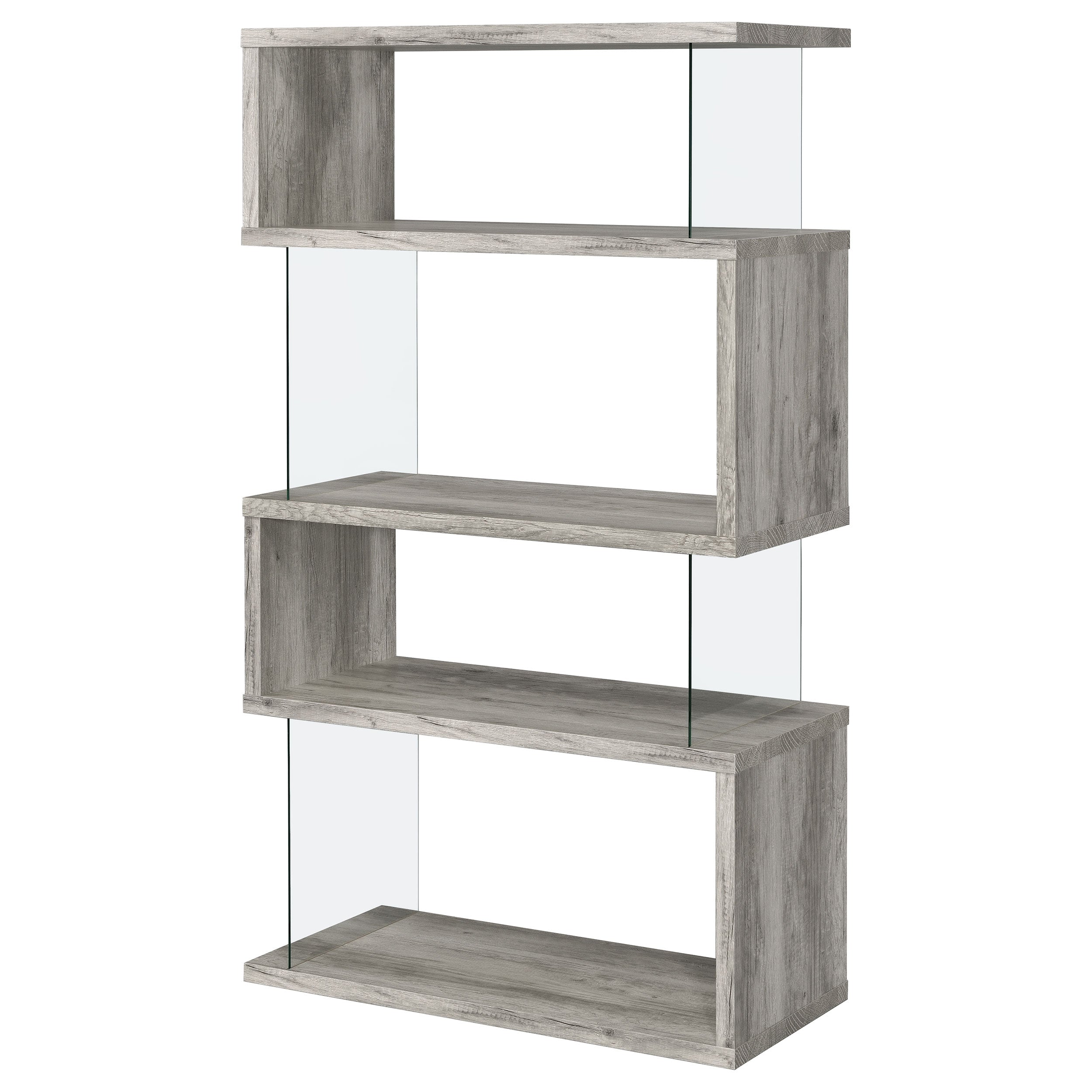 Emelle 63-inch 4-shelf Glass Panel Bookshelf Grey Driftwood-CoasterEssence