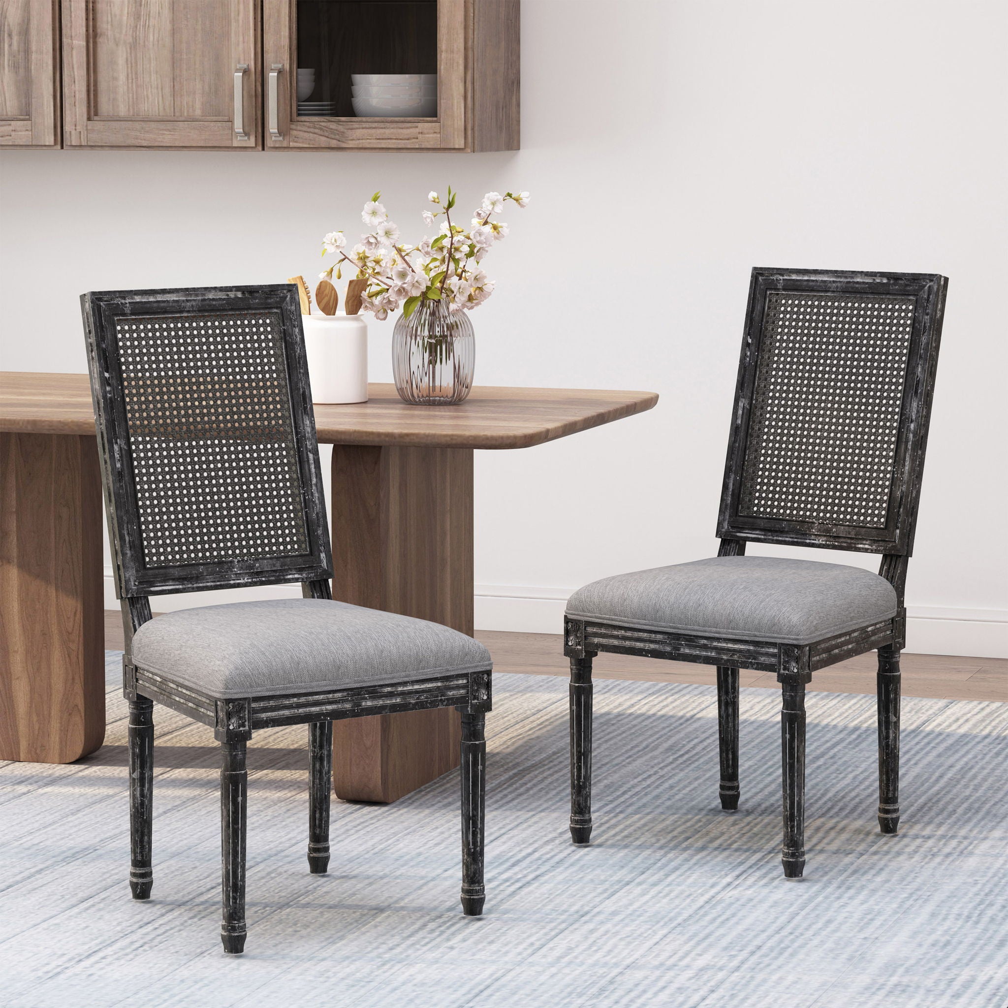 French Country Dining Chair With Rectangular Cane Backrest And Smooth Upholstered Seating