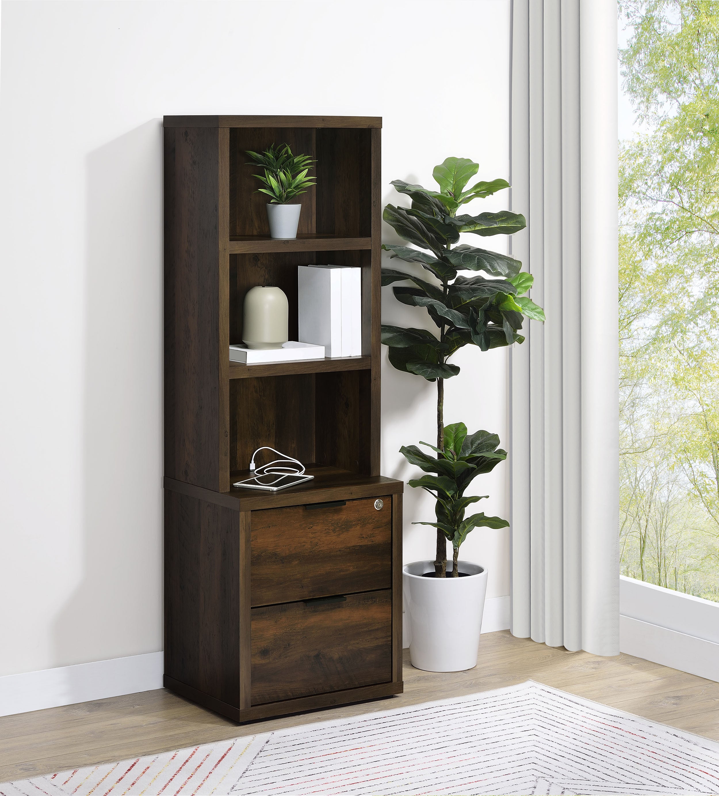 Westpark 3-shelf Bookcase USB and Lockable Drawer Dark Pine-