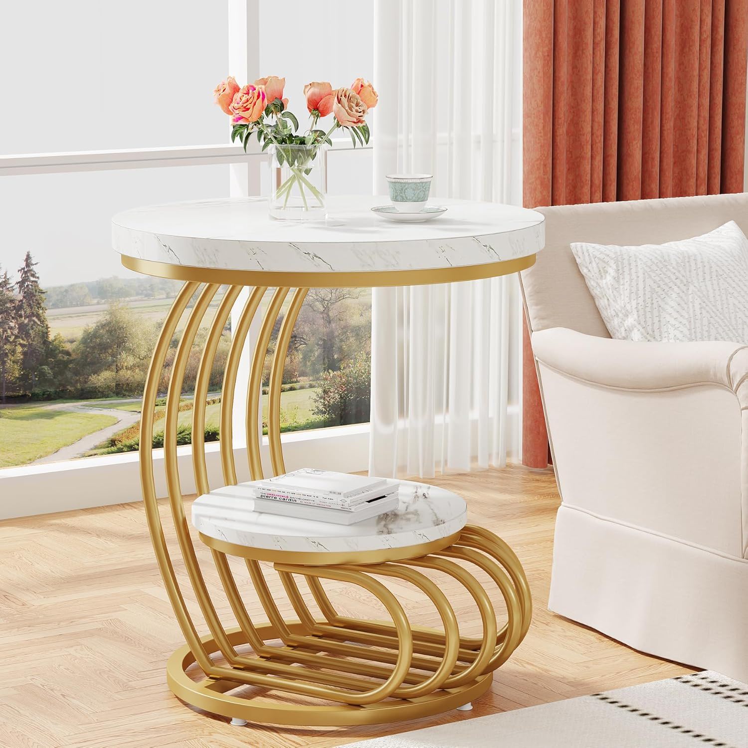 Round Vintage End Table With 2 Tier Storage