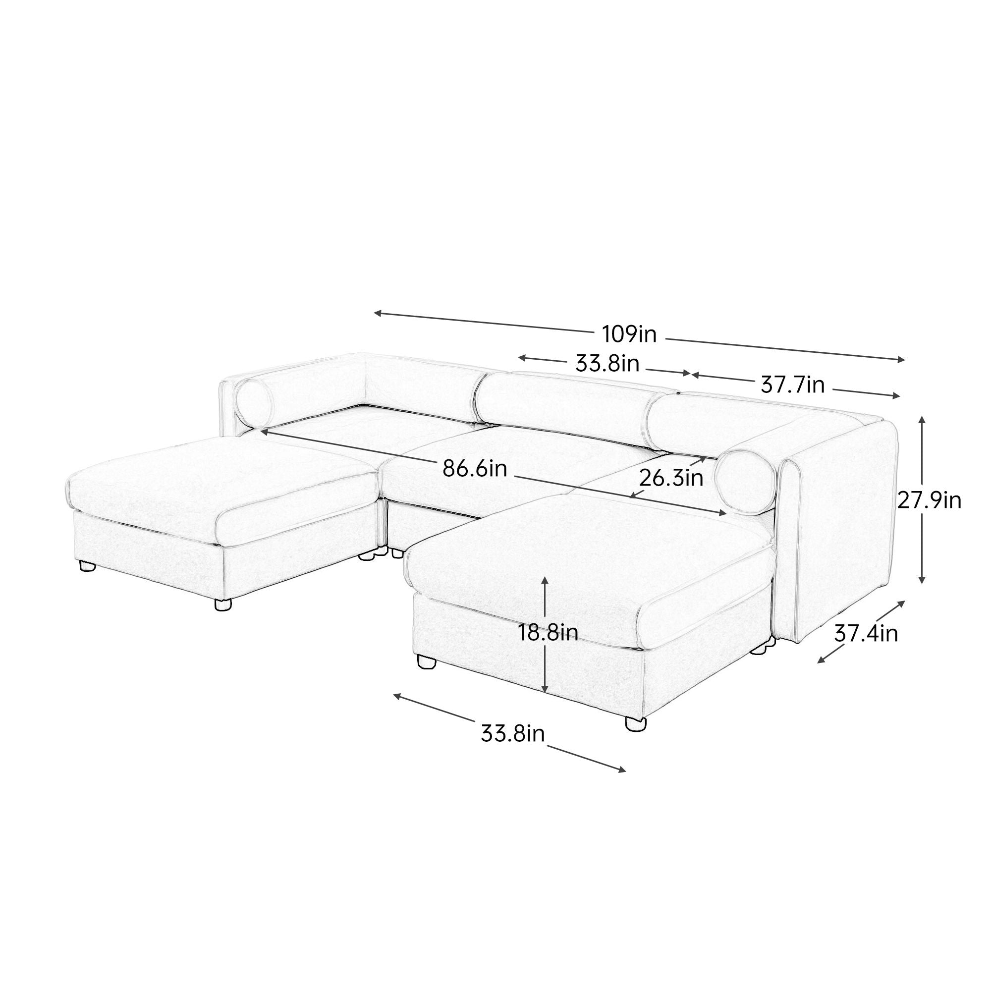 Contemporary Elegant White Chenille Sofa With Storage And Ottoman