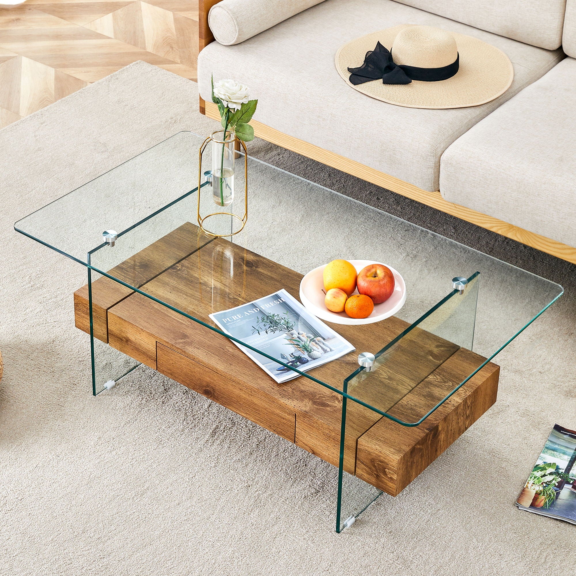 Modern 2 Tier Square Coffee Table, Elegant Marble Pattern