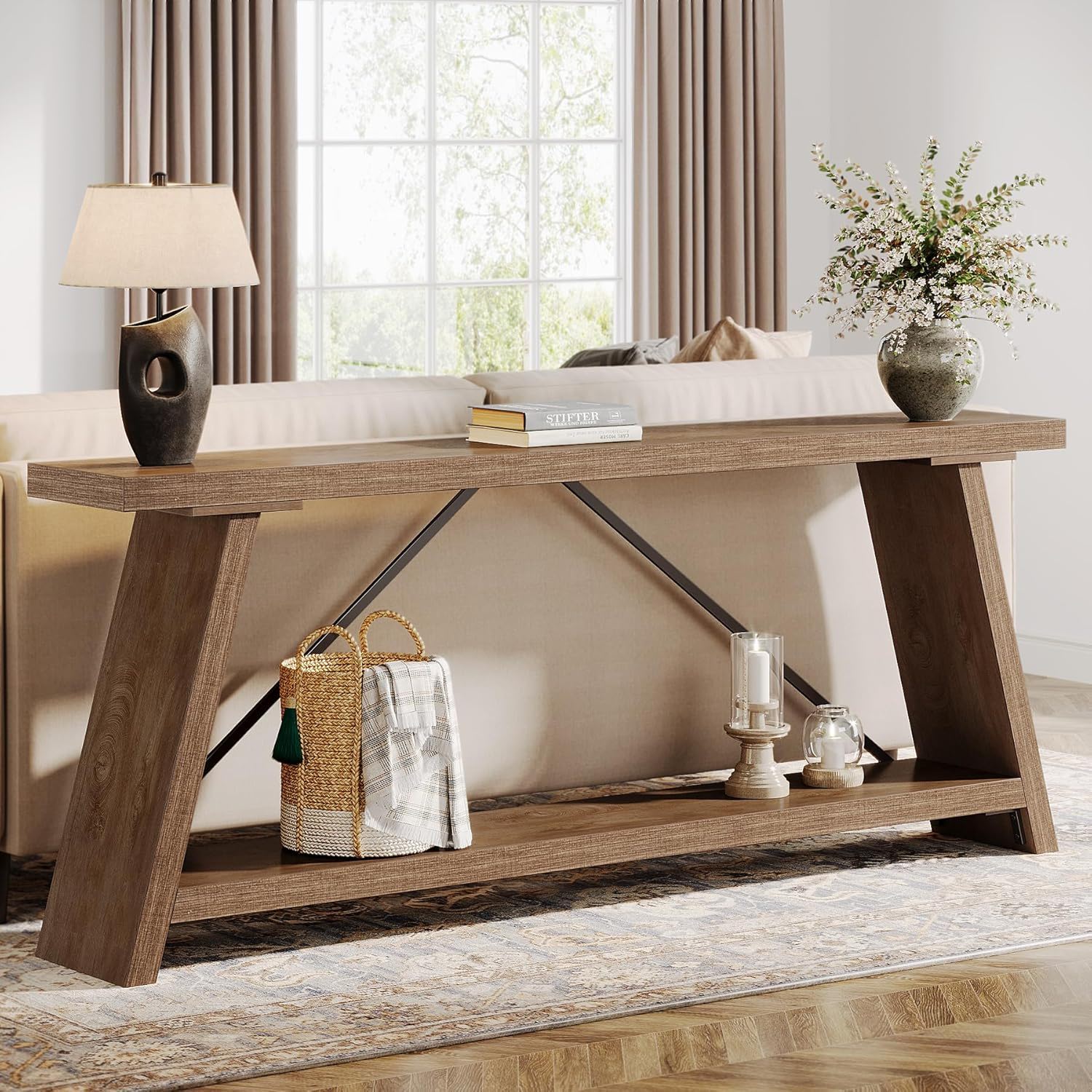 Console Table Extra Long Sofa Table With 2 Tier Shelves For Living Room Foyer - Natural / Light Brown