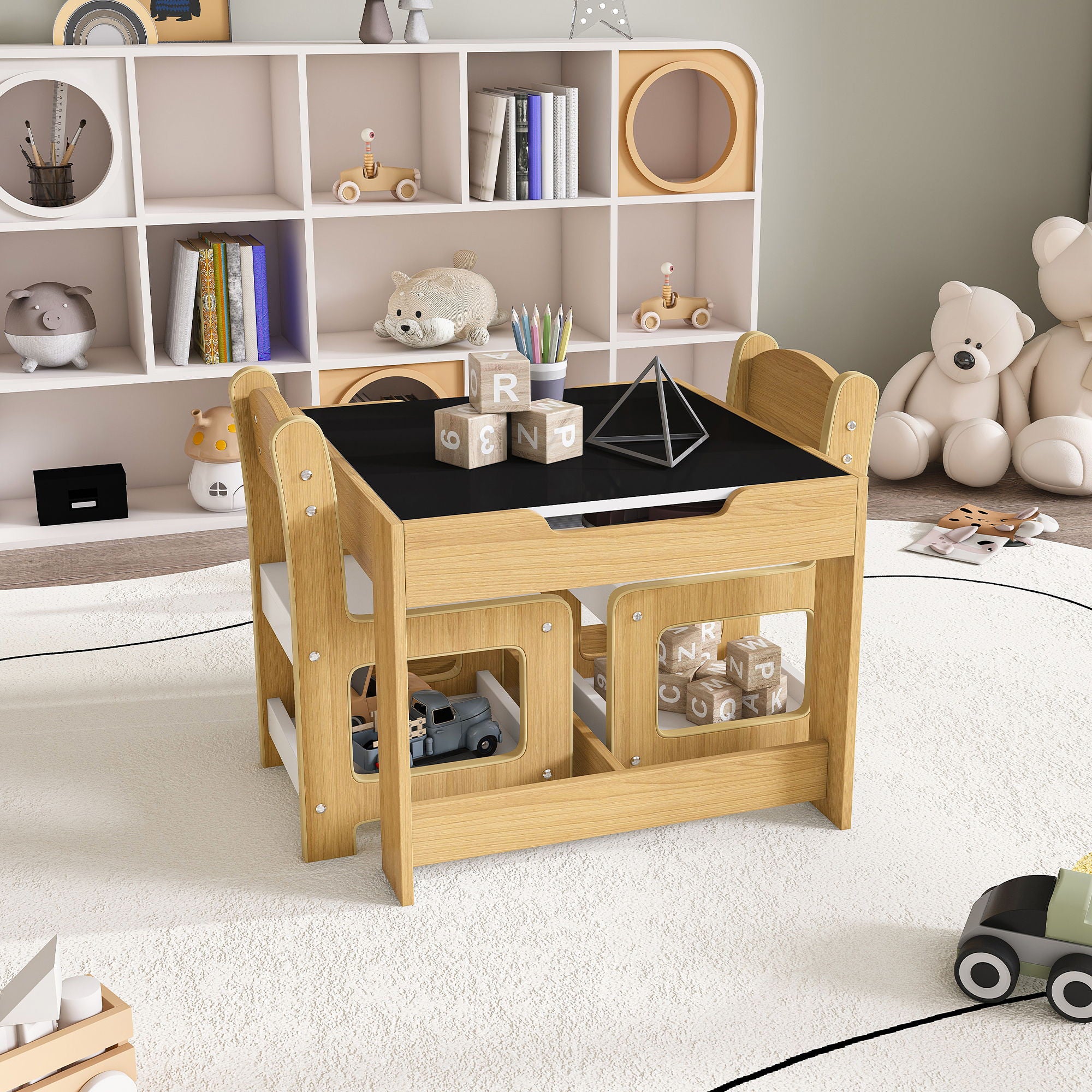 3 In 1 Kids Study Table & Chairs Set Multi Functional Activity Table With Detachable Blackboard Top - Natural Wood - Best Buy Furniture