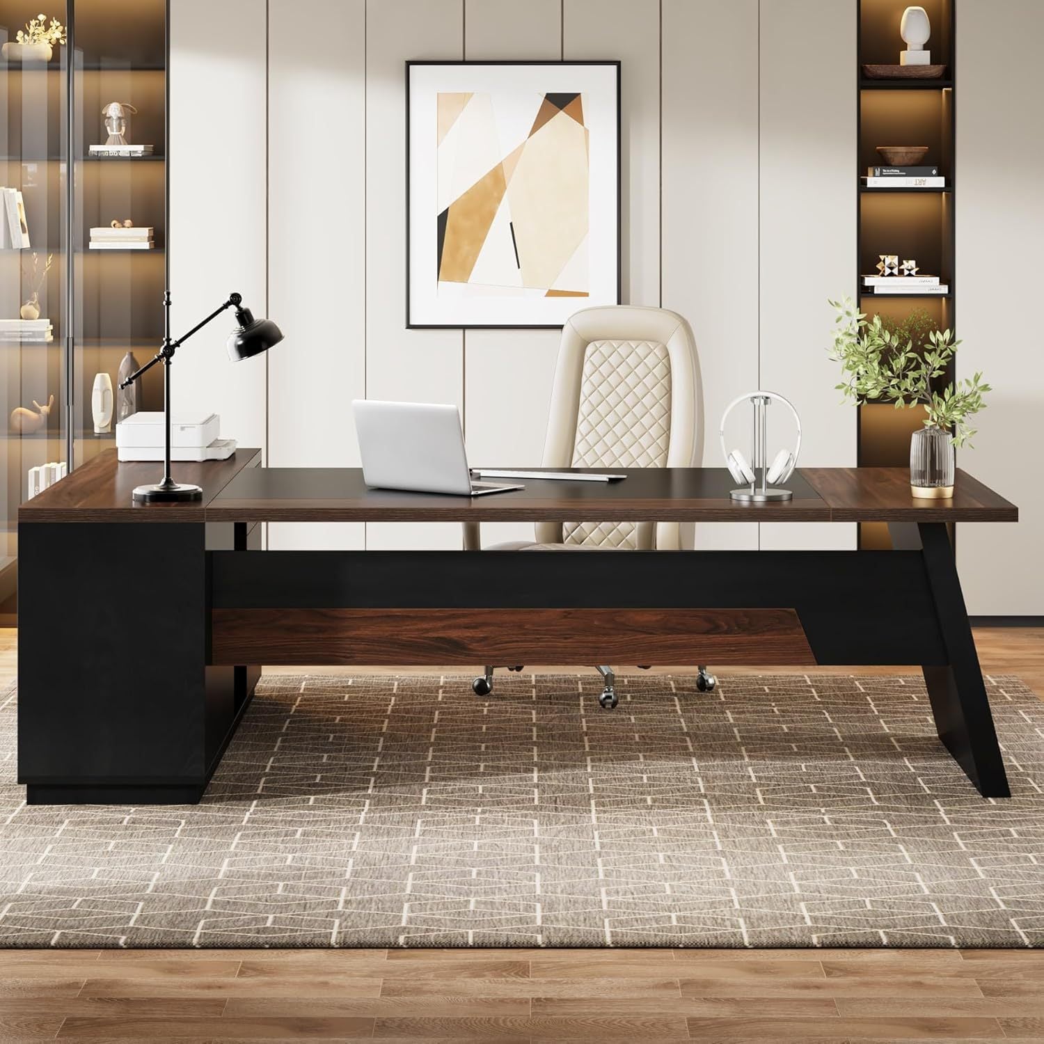 Modern Executive Desk with File Cabinet & Drawers, Large Modern Home Office Computer Workstation with Storage Shelves, Dark Walnut + Black