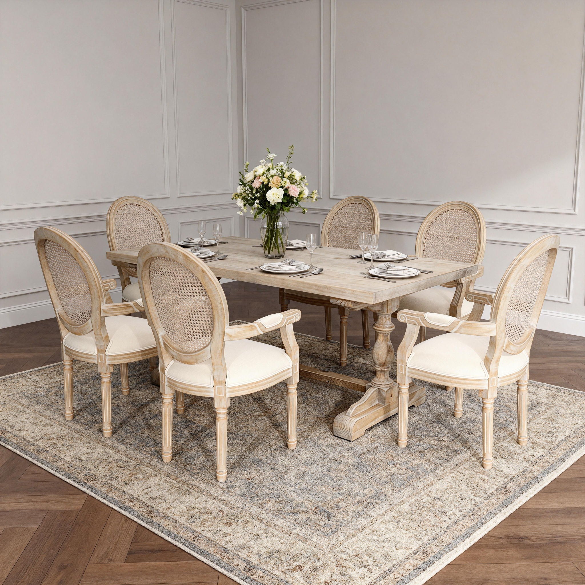 French Vintage Upholstered Fabric Dining Armchair (Set of 2) - Beige