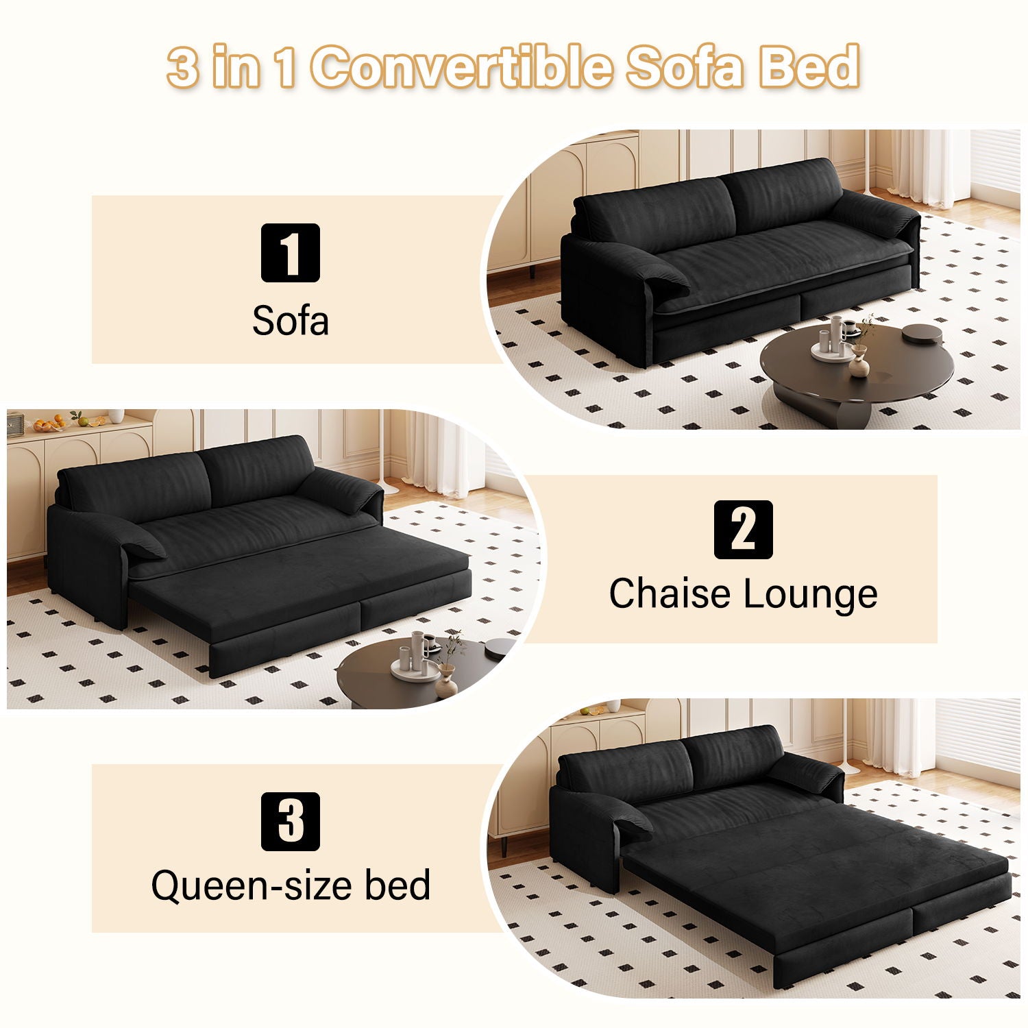 Queen Pull Out Sofa Bed, 3 In 1 Convertible Sleeper Sofa With Side Storage