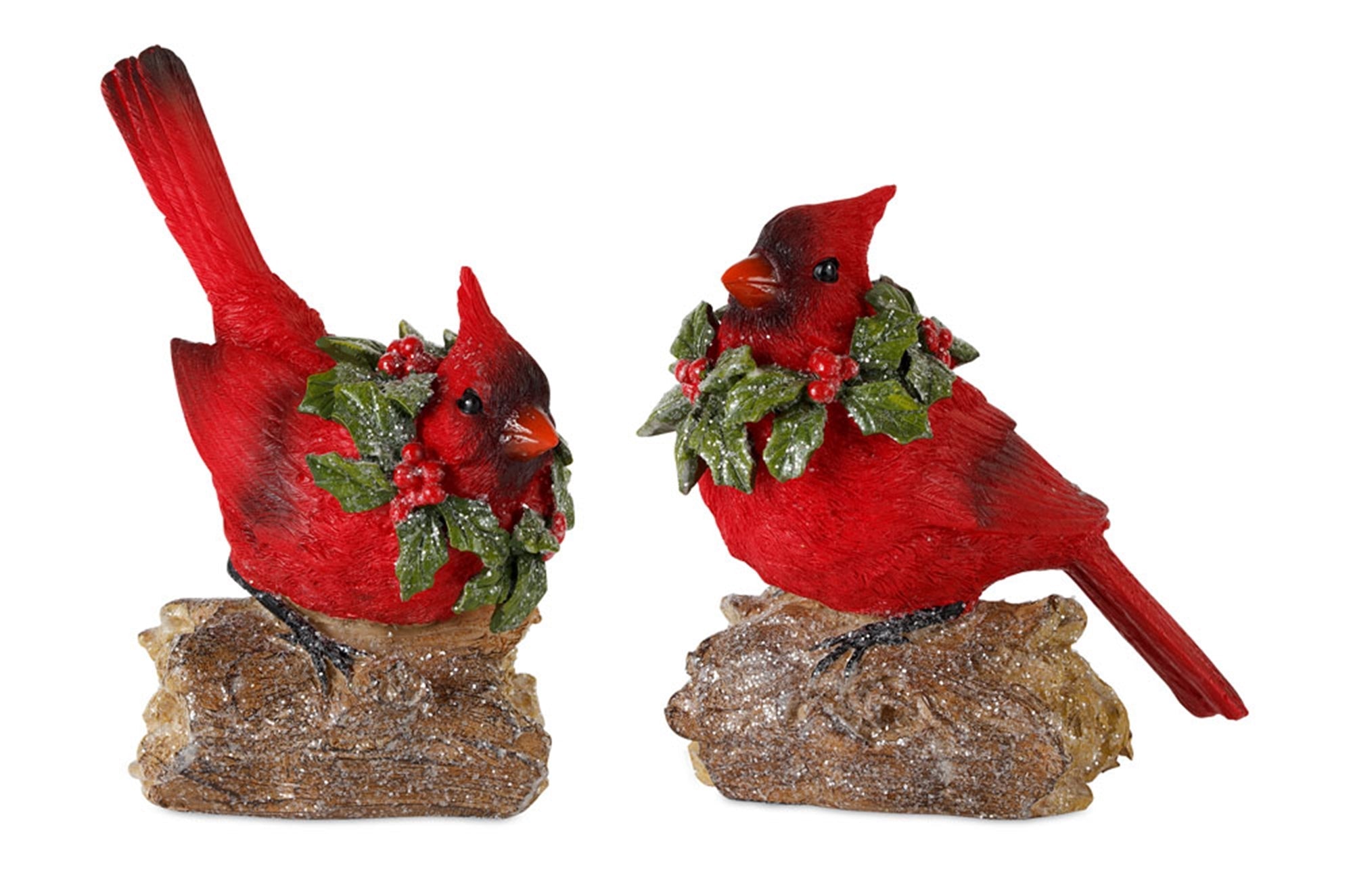 Perched Cardinal Bird on Log with Holly Wreath Accent (Set of 4)