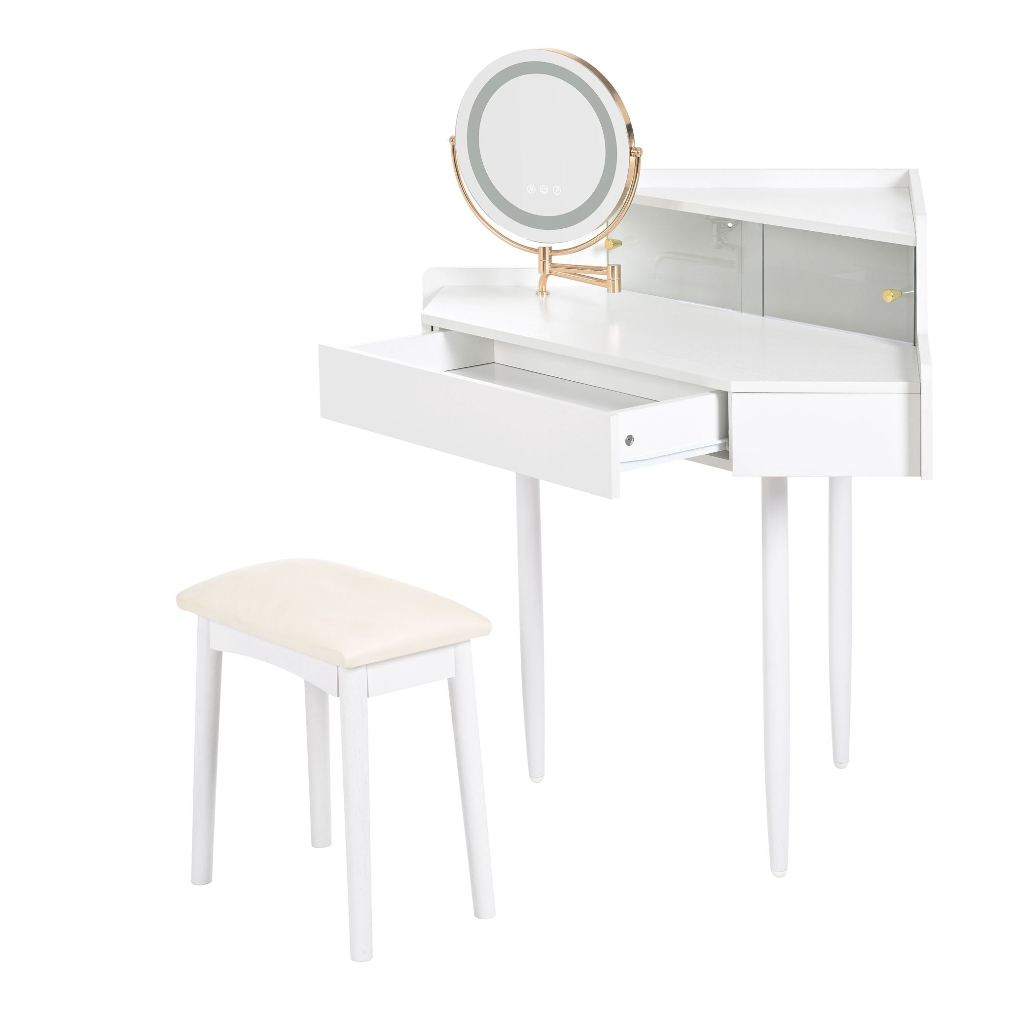 Modern Corner Makeup Vanity Desk With Large Storage, LED Mirror & Stool, Adjustable Brightness, Space Saving - White - Best Buy Furniture