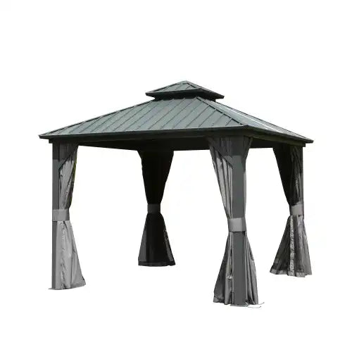 8' x 8' Aluminum Hardtop Gazebo, Grey Patio Pavilion with Curtain