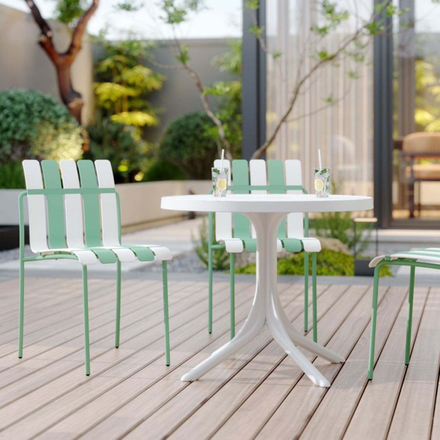 4 Piece Set Of Single Chairs With Modern Color Blocking Design, UV Resistant And Rust Proof - Haze Green / White