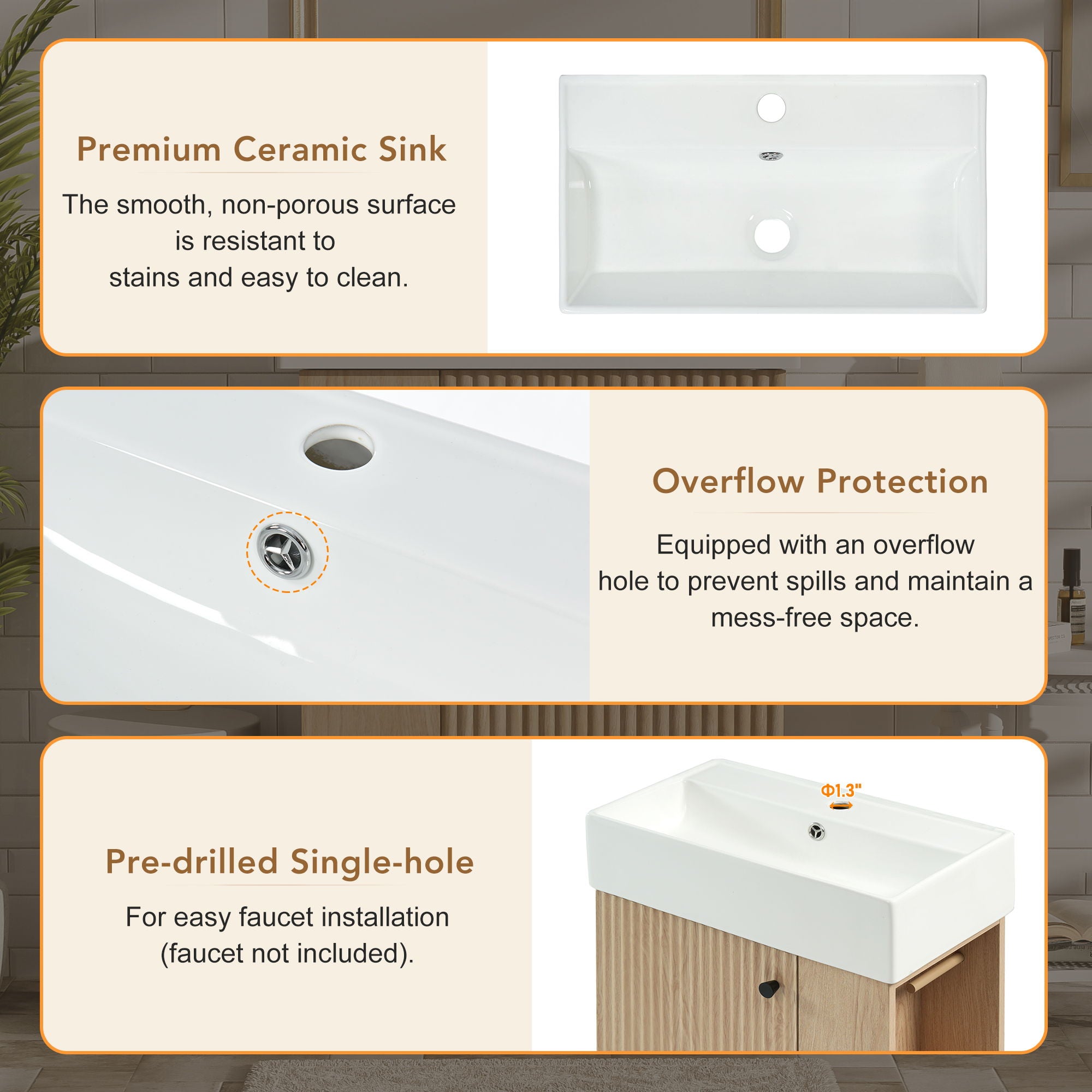 21.6" Bathroom Vanity With Sink And Freestanding Wood Grain Cabinet Featuring Left Door - Wood