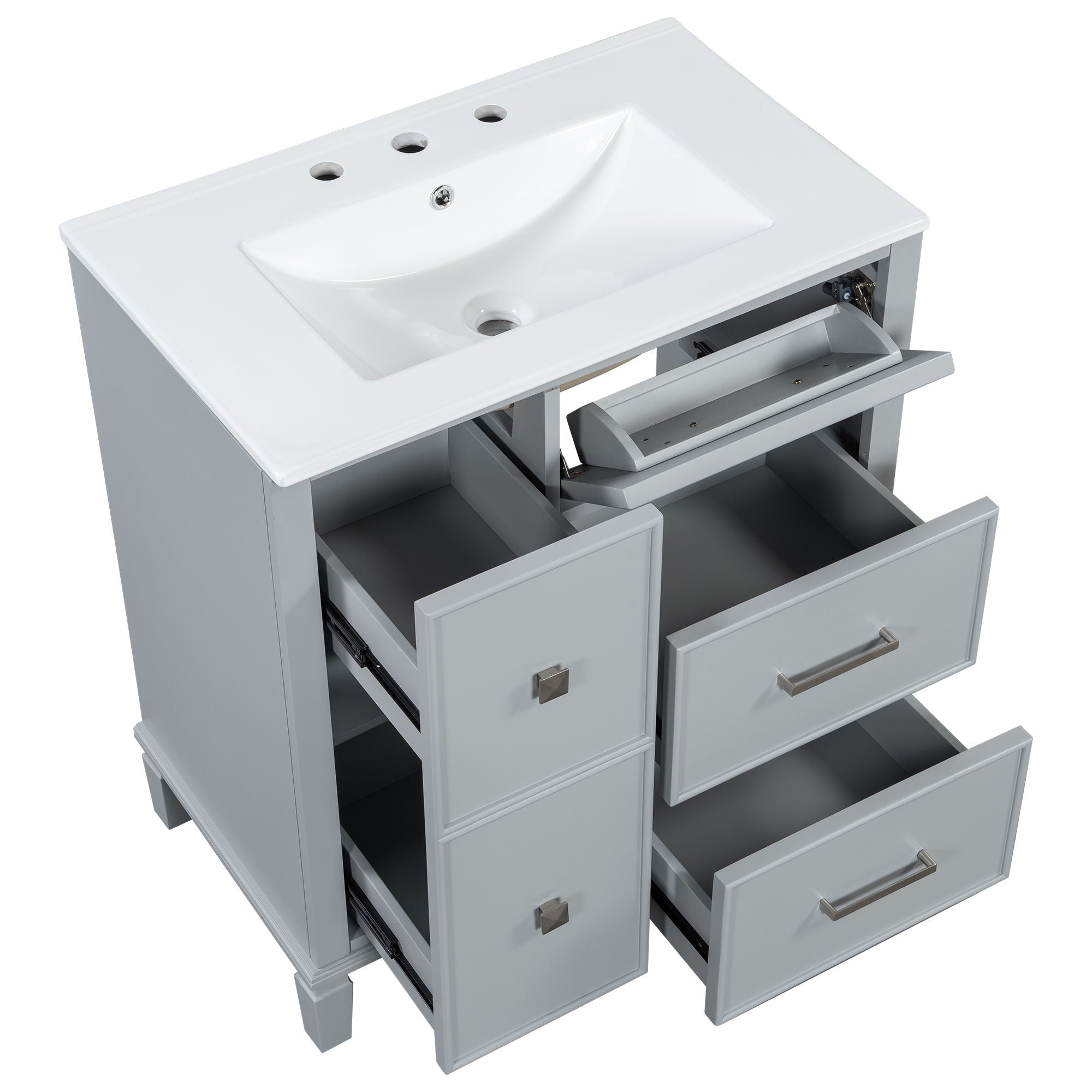 Bathroom Vanity With Ceramic Sink, Flip Out Drawer Design For Plumbing, Soft Close Drawers