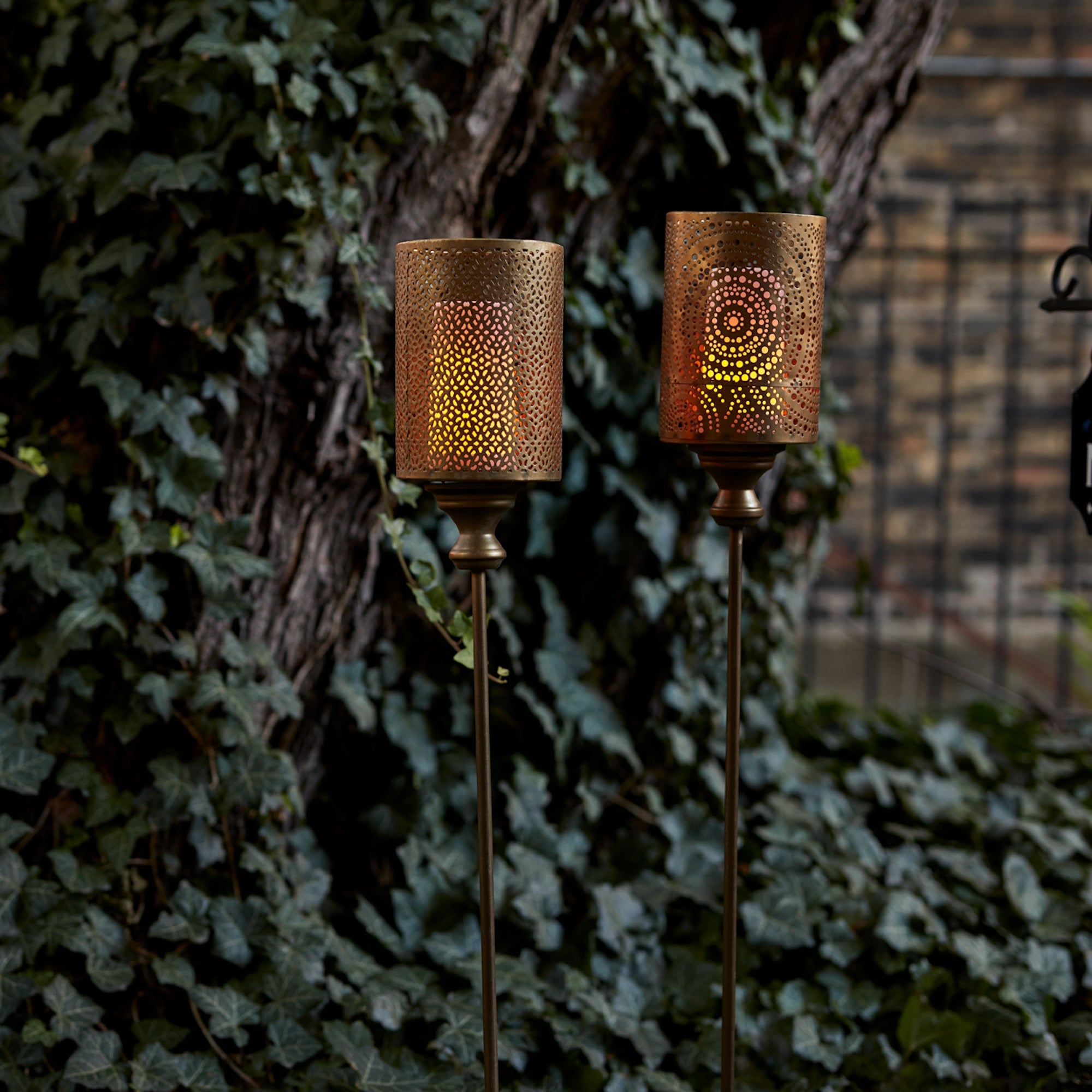 Gold-Punched-Metal-Candle-Holder-Garden-Stake-(Set-of-4)-Garden-Decor