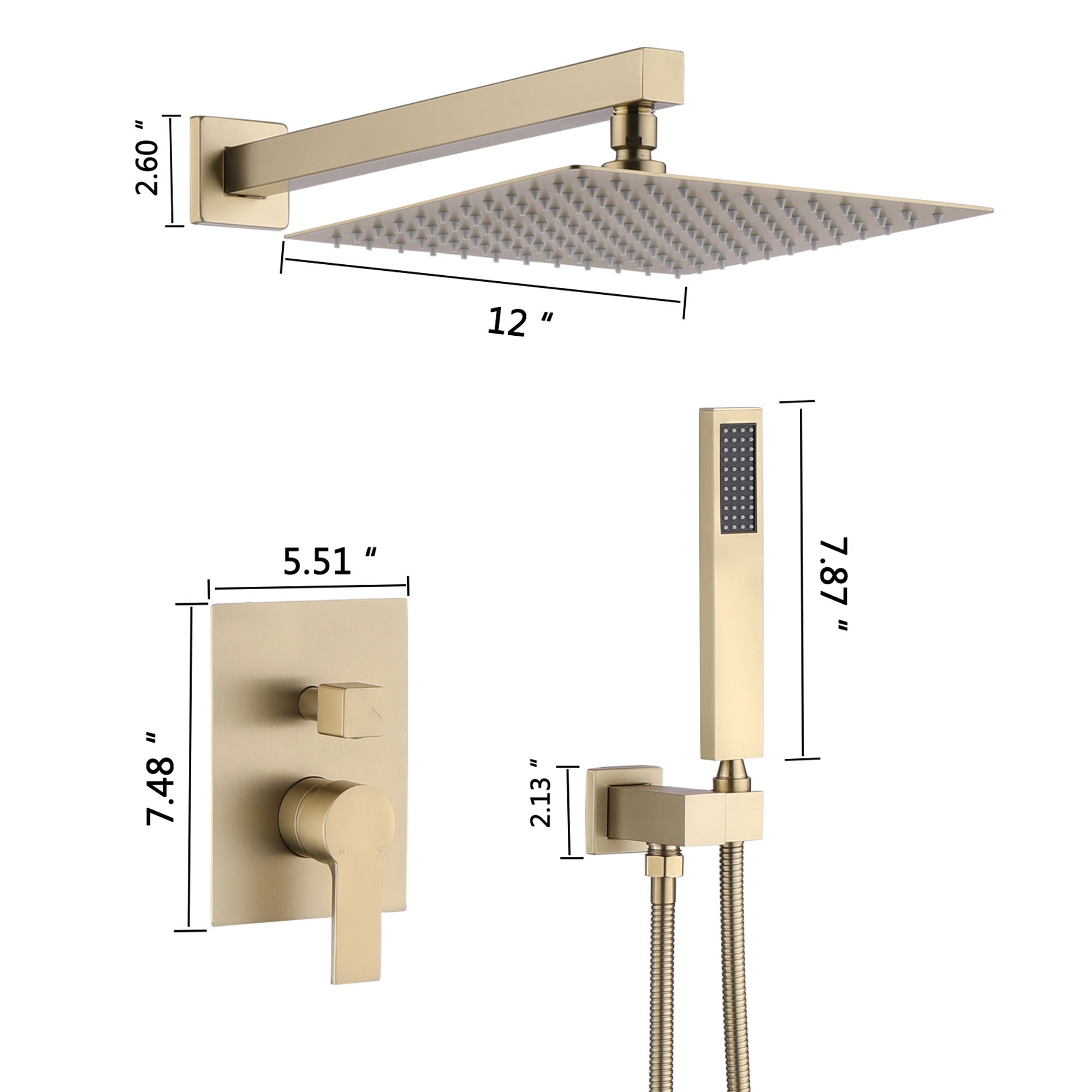 Luxury, 12" Ceiling Mount Shower System With Rain Mixer And Handheld Shower, Stainless Steel - Brushed Gold