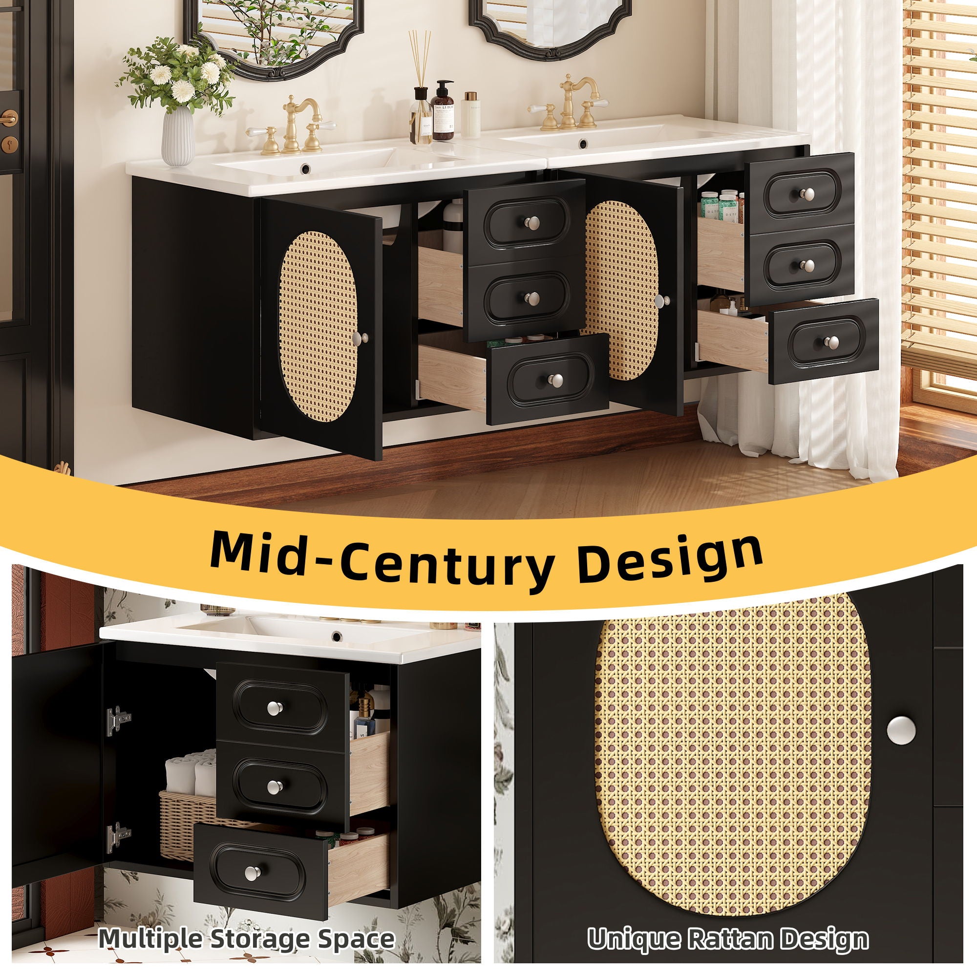 Bathroom Vanity Cabinet With Sink, 2 Drawers - Black